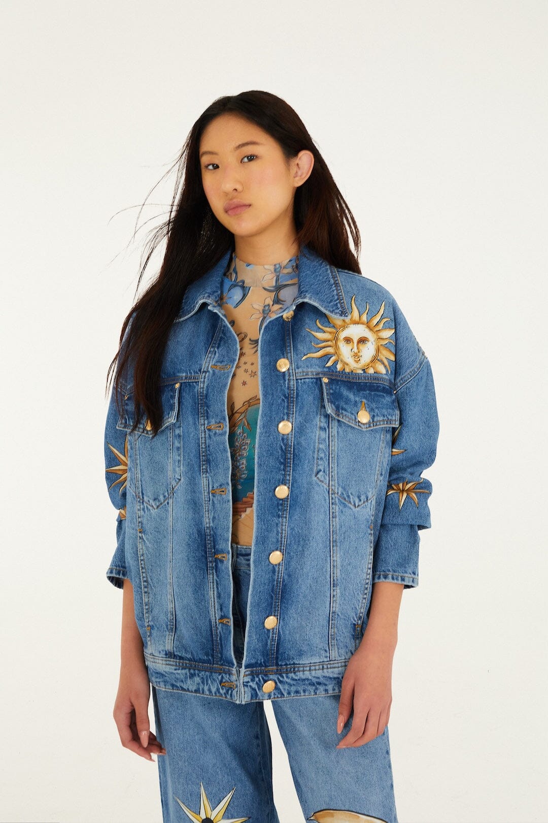 Denim Mystical Sun Printed Jacket | FARM Rio