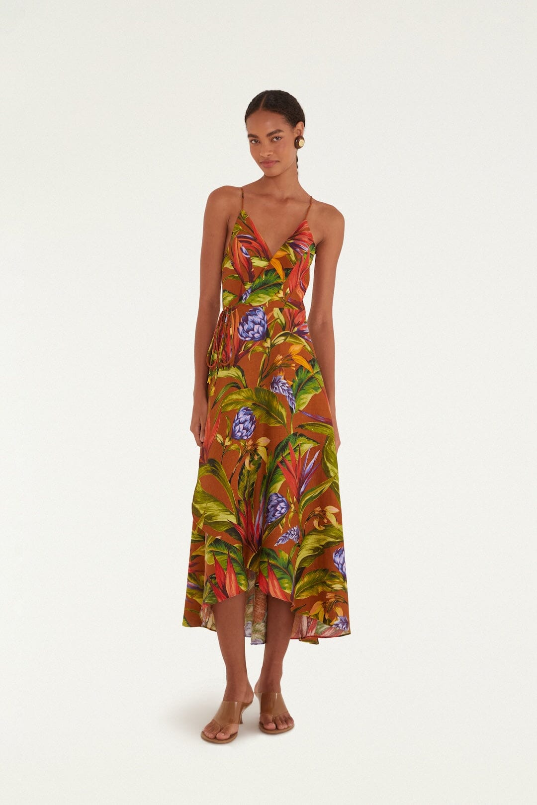 Brown Florart Euroflax™ Premium Linen Midi Wrap Dress | FARM Rio