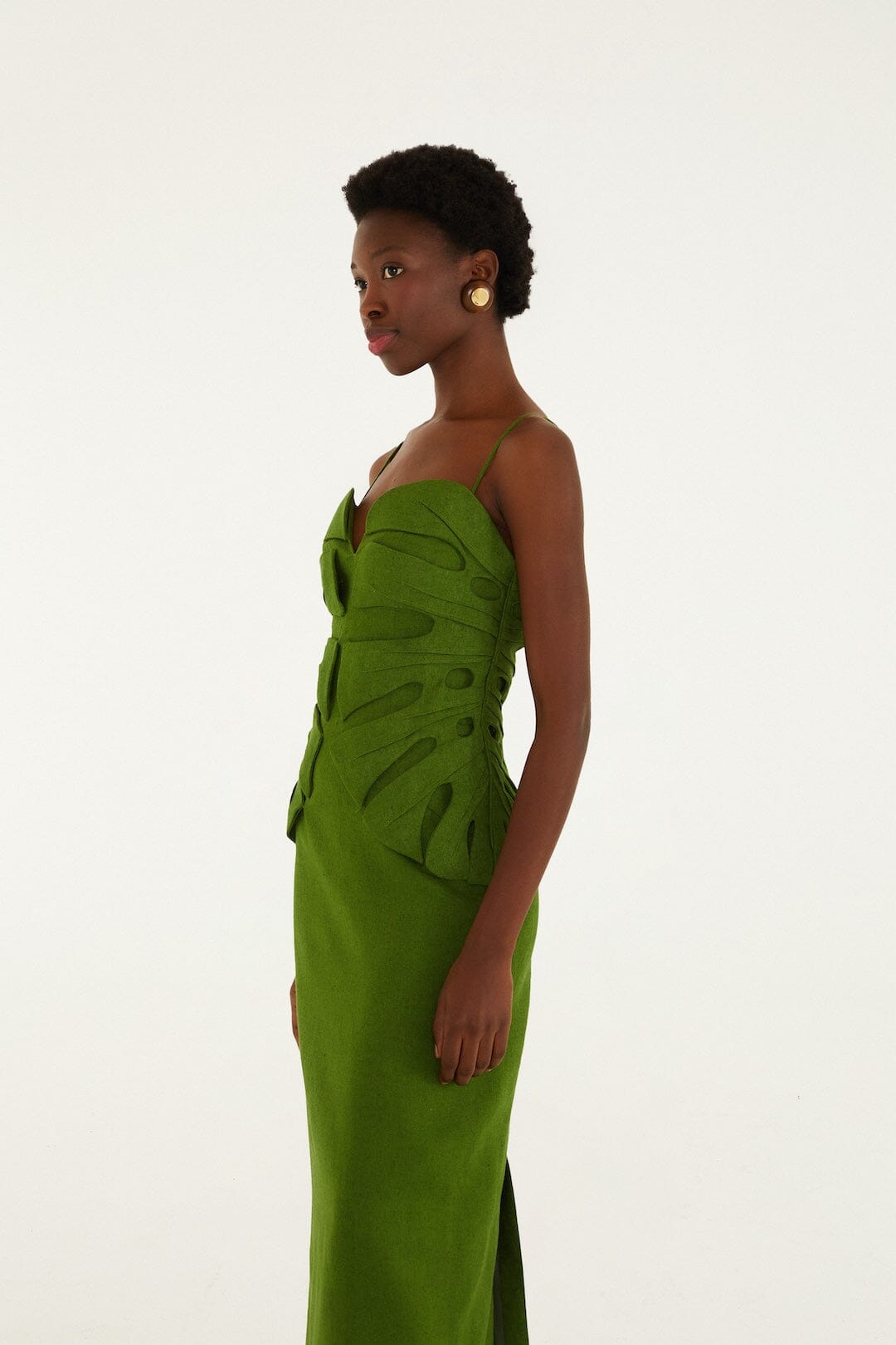 Green Monstera Leaf Sleeveless Euroflax Premium Linen Maxi Dress