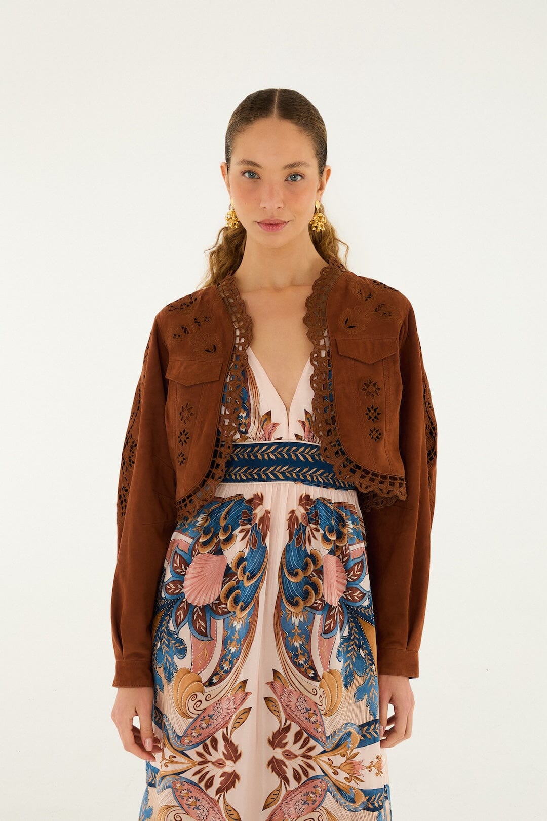 Caramel Richelieu Cropped Leather Jacket | FARM Rio