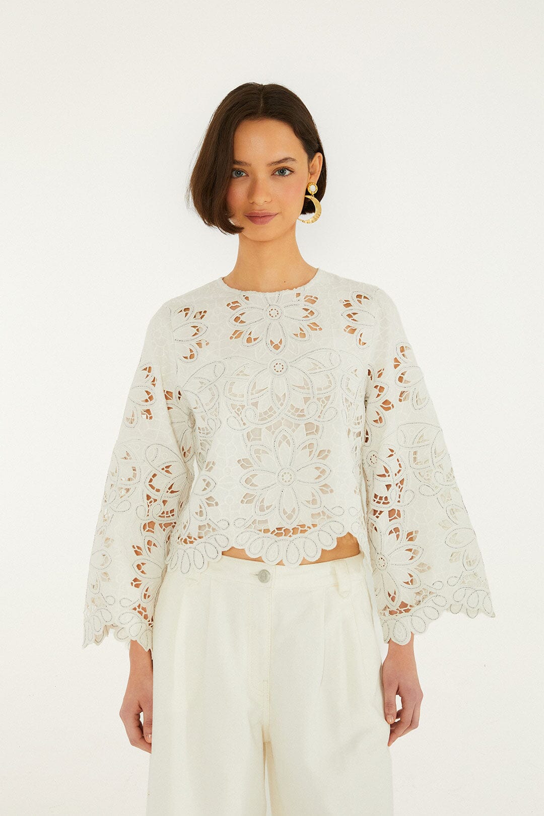 Off-White Flowers Richelieu Long Sleeve Blouse | FARM Rio