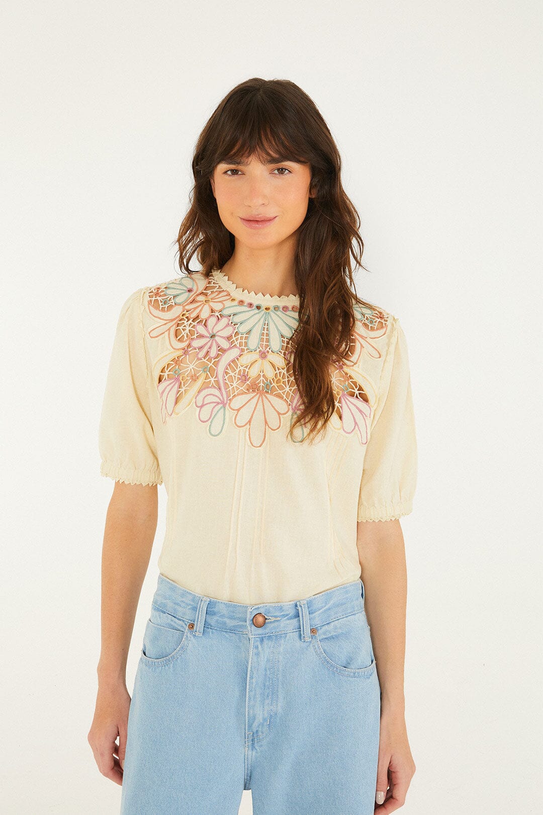 orgue Flower embroidery blouse BEG ベージュ Beige Flower Embroidery Short Sleeve Blouse | FARM Rio