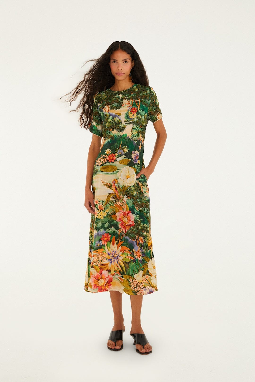 knee length dresses for ladies Multicolor Oriental Garden Short Sleeve Maxi Dress