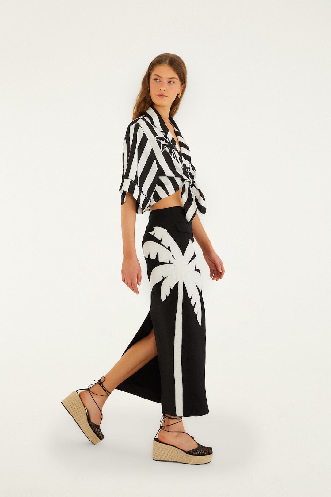 Black Embroidered Palm Tree Euroflax Premium Linen Maxi Skirt
