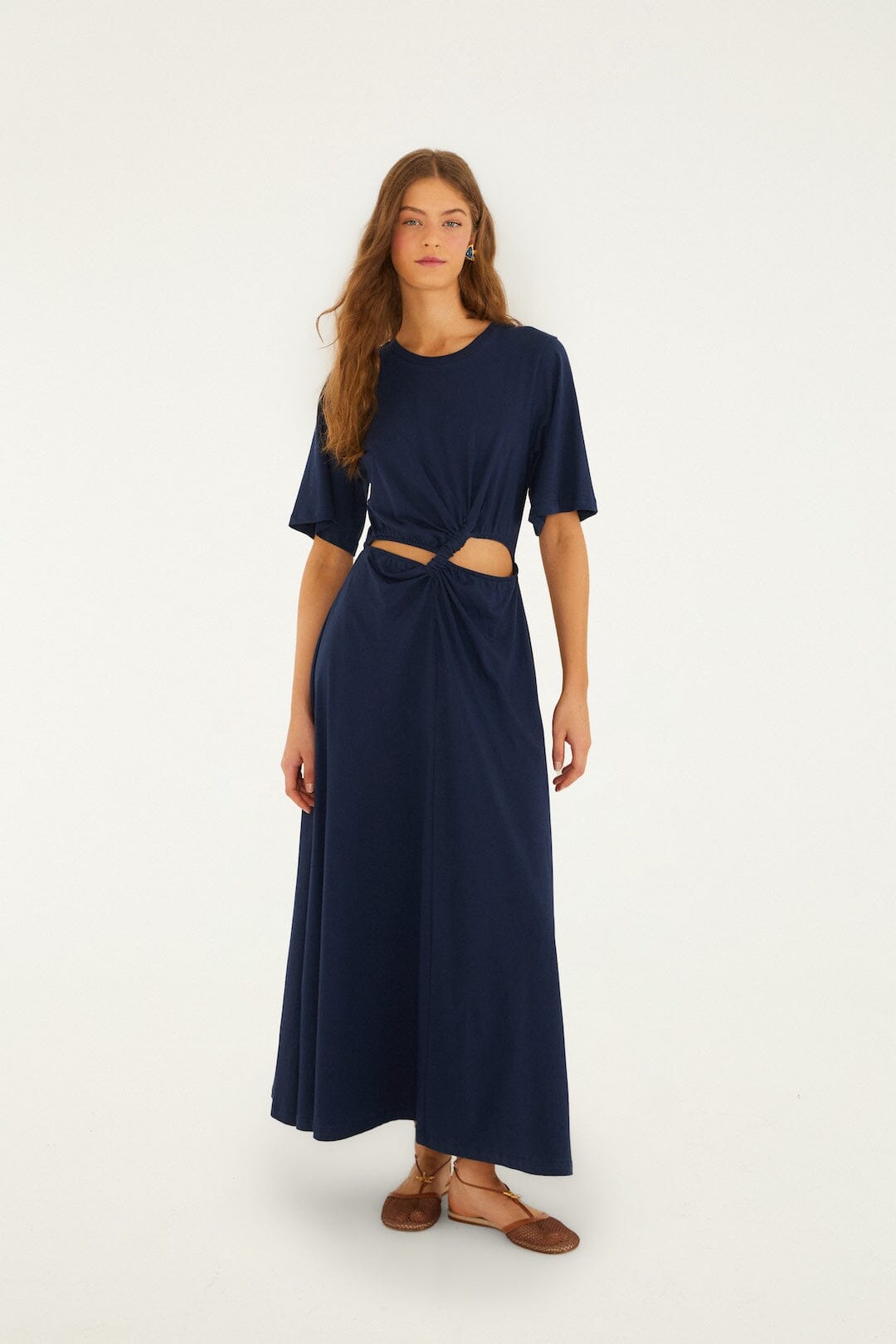 FARM Rio Dark Blue Cut-Out Short Sleeve Maxi Dress, Dark Blue / L