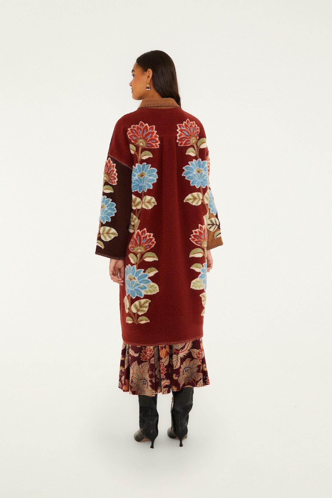Mixed Delhi Floral Fleece Midi Coat