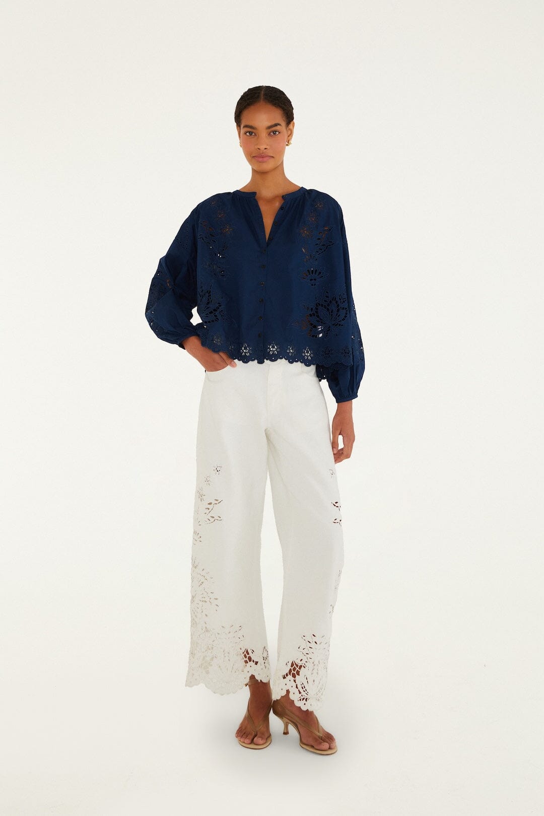 Navy Blue Artisanal Long Sleeve Blouse