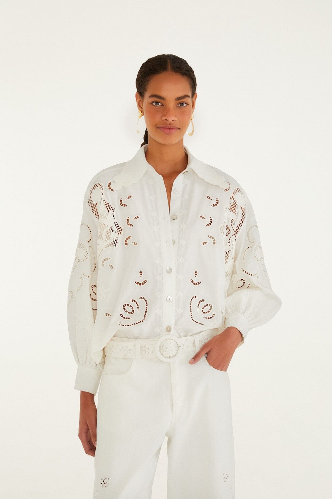 FARM Rio Off-White Embroidered Flowers Richelieu Shirt, Off-White / XS