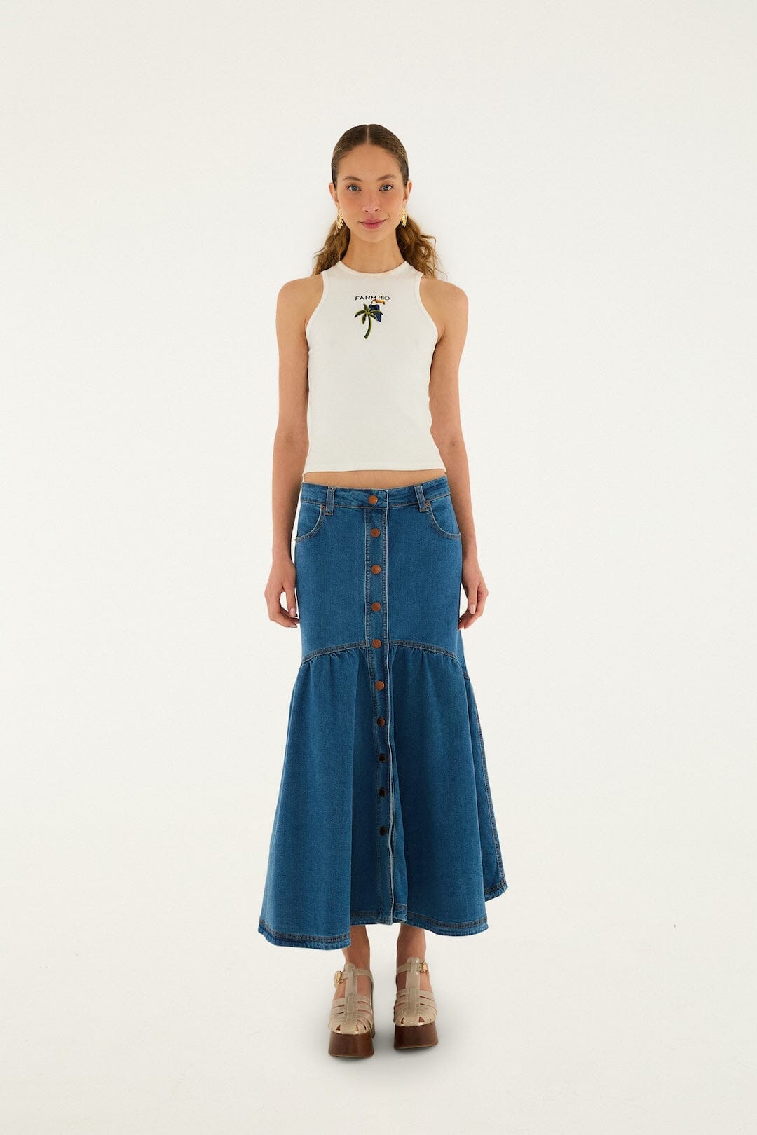 Panelled Denim Long Skirt | FARM Rio