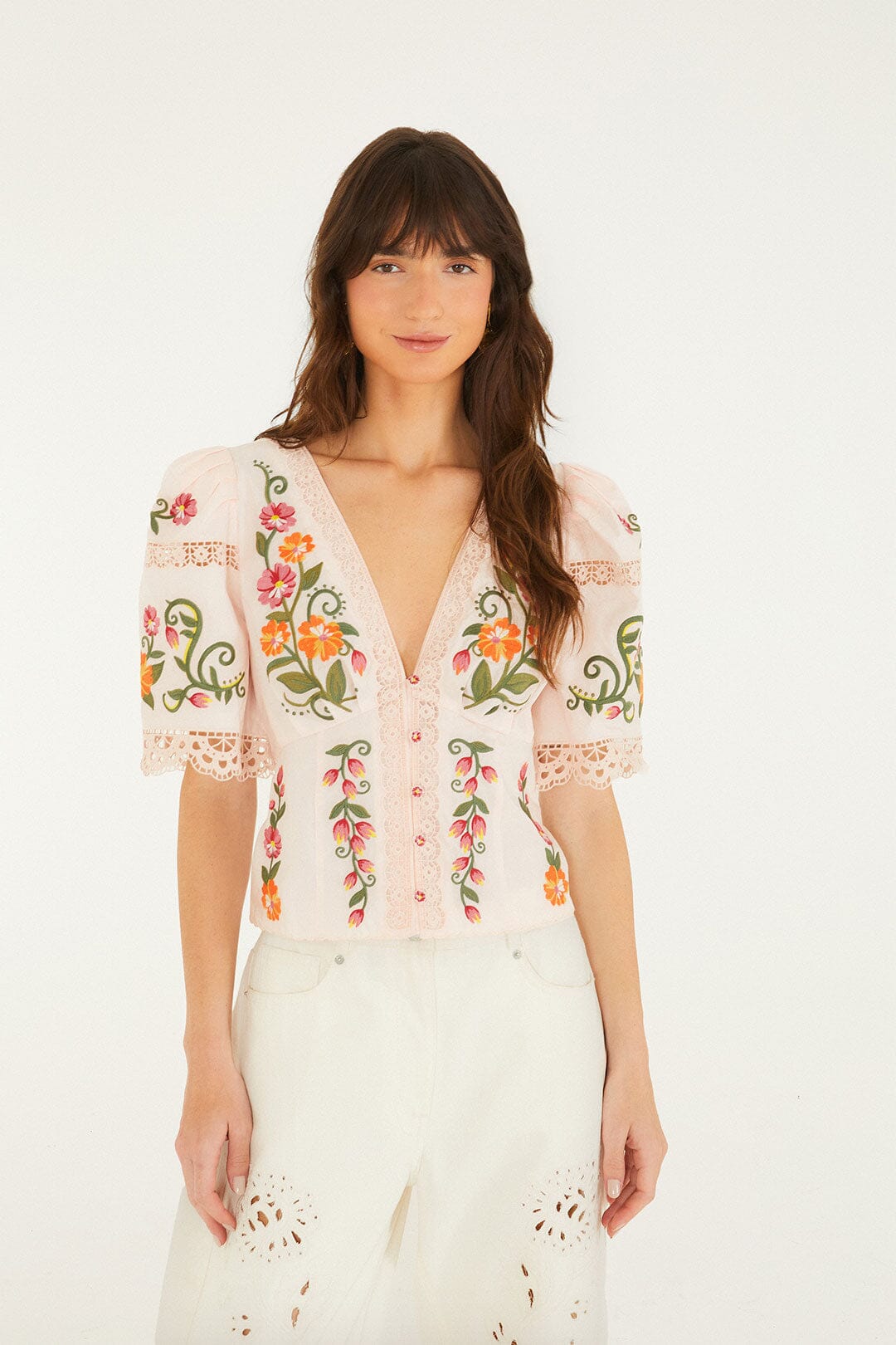 Off-White Flower Embroidery Puff Sleeve Blouse | FARM Rio