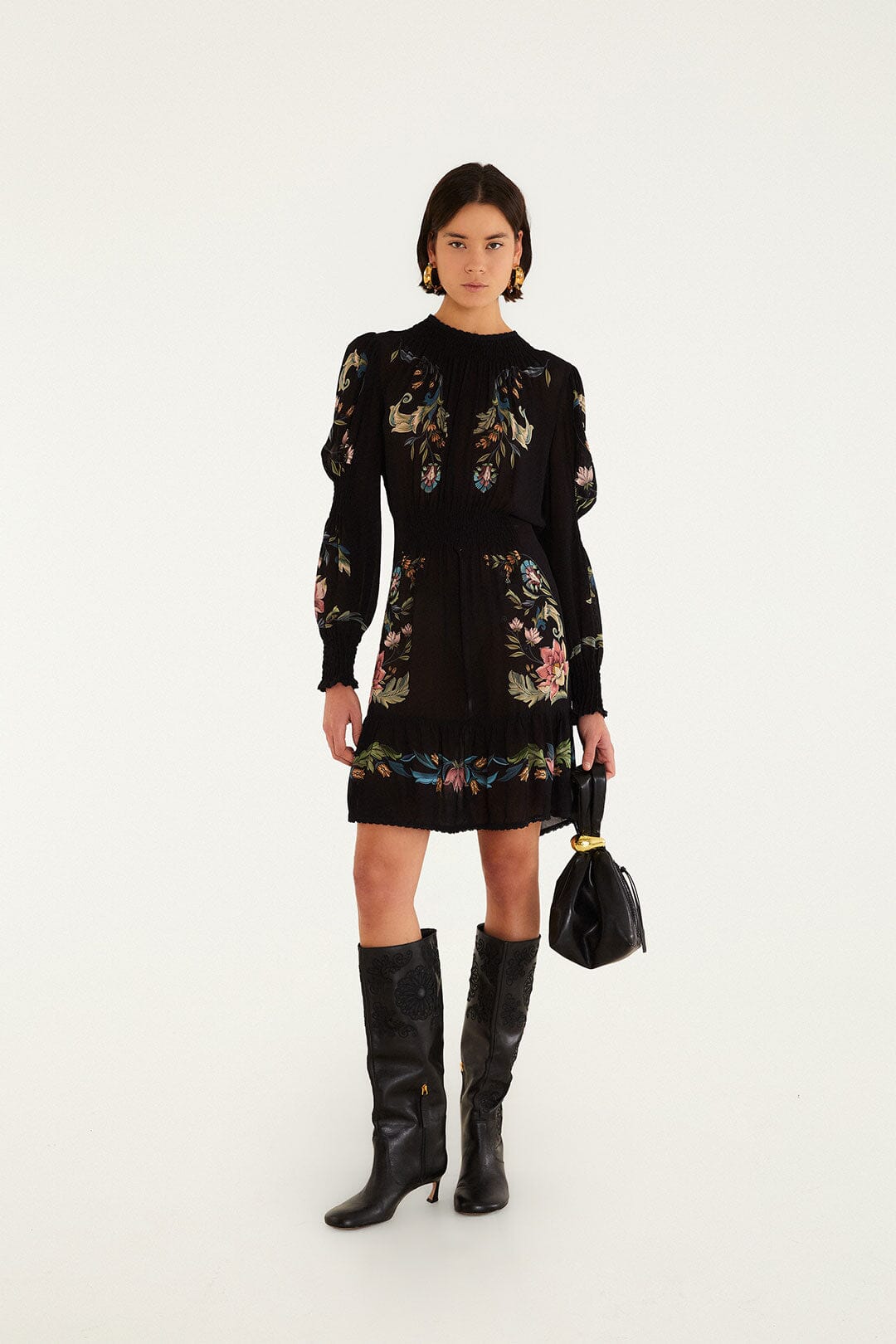 black floral long sleeve mini dress Natalia Lace Color:Classic Emerald Model is wearing a Travel Edit Decoding a Dress Code:
