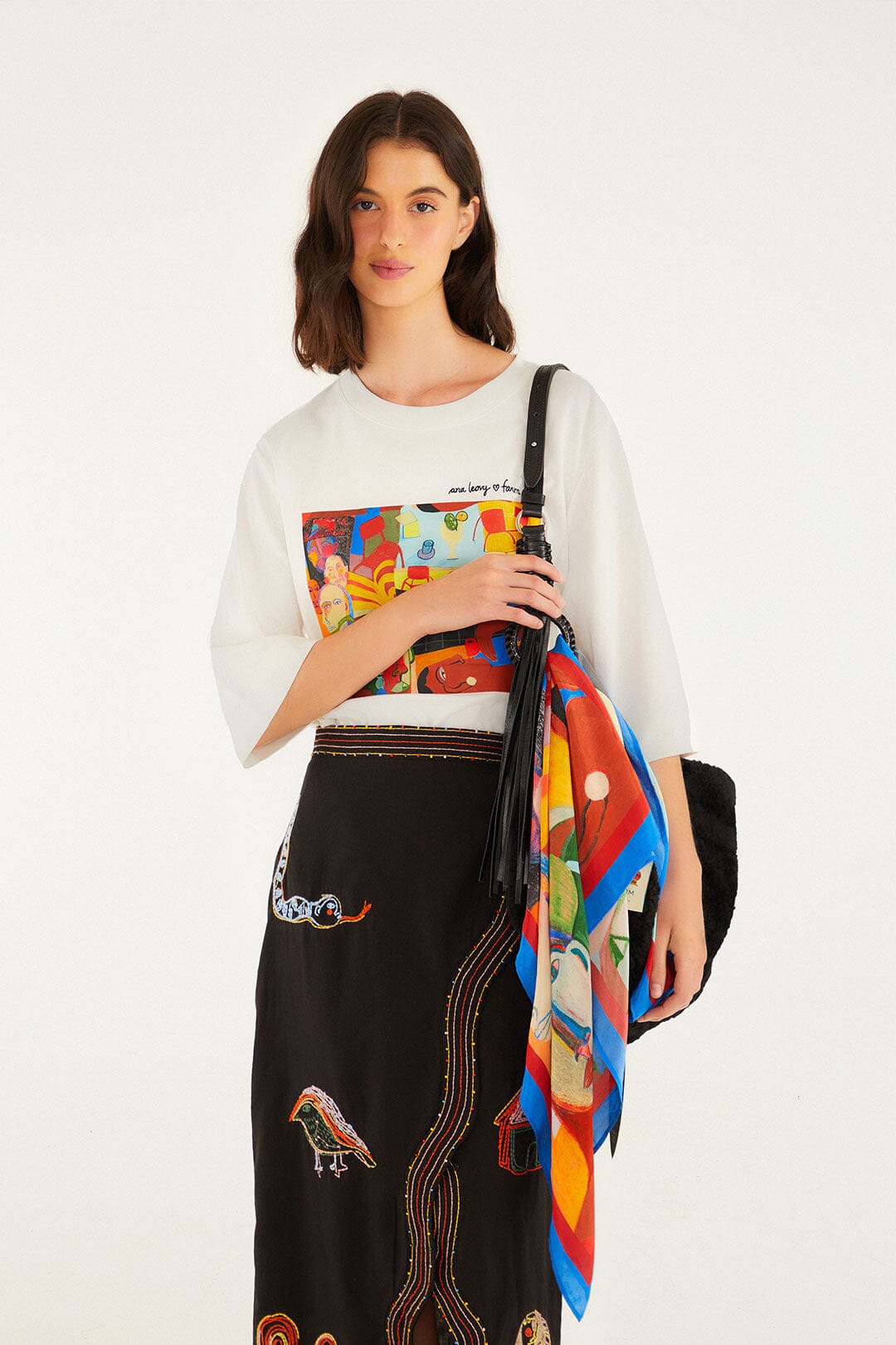 FARM Rio model wearing the A Popular Cafe Scarf