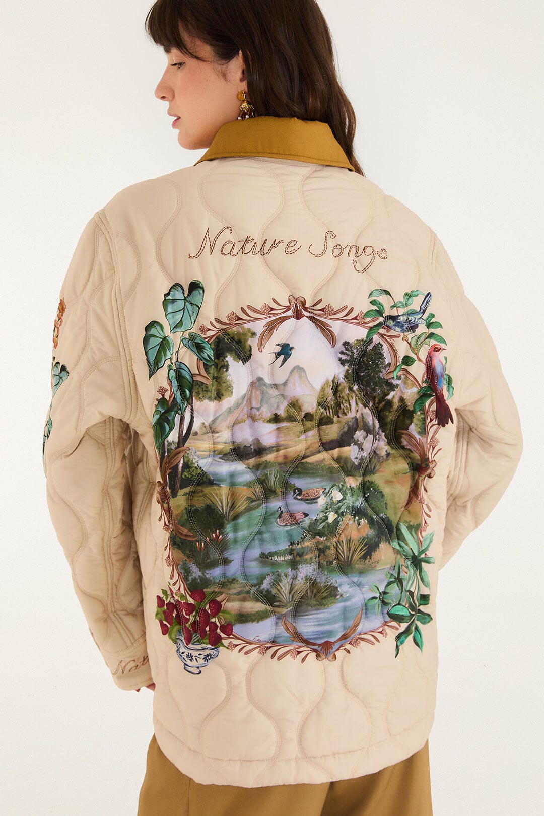 FARM Rio model wearing the Bird Poetry Quilted Shirt