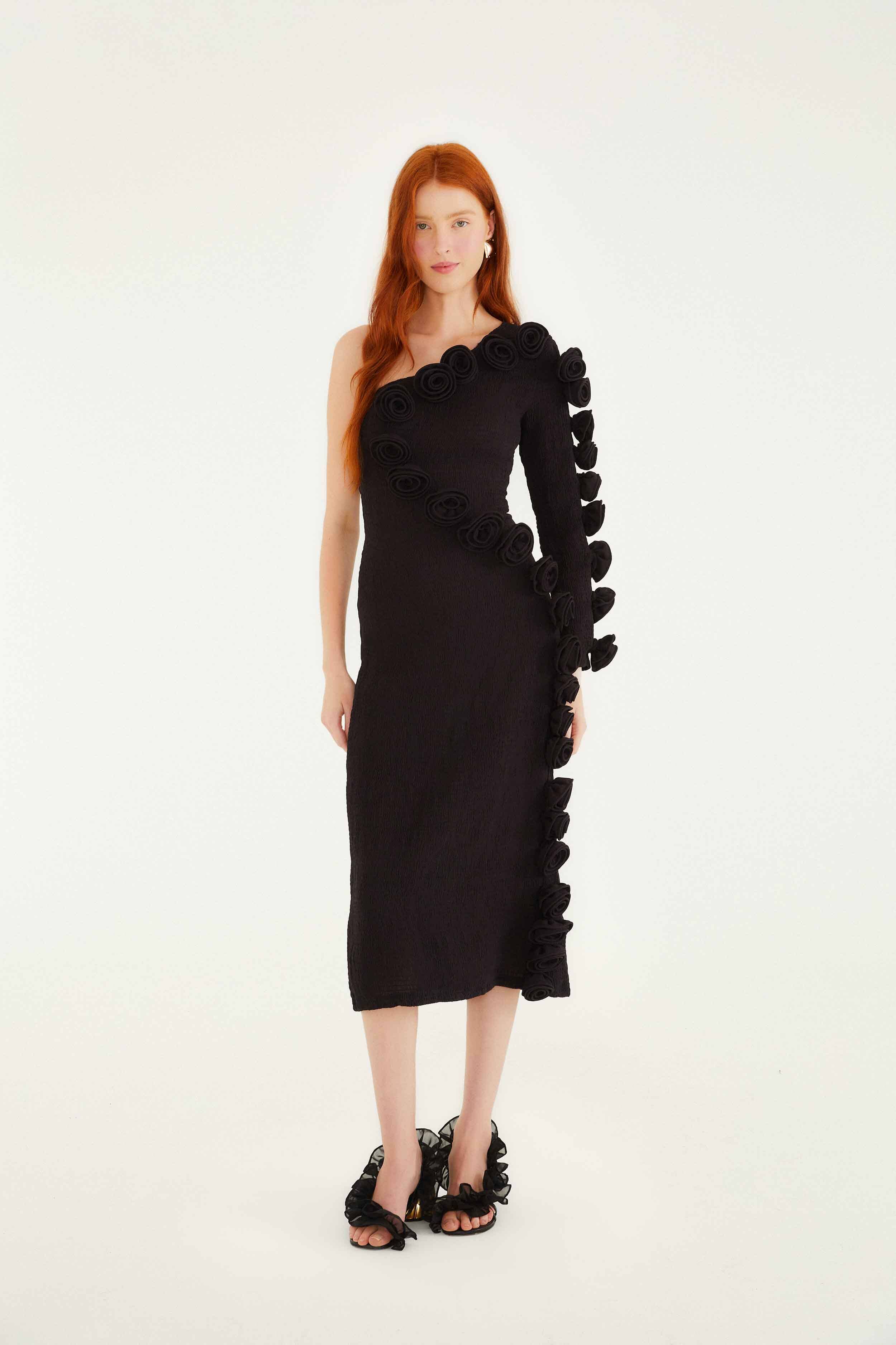 FARM Rio Black 3d Rose One-Shoulder Midi Dress, Black / M FARM Rio Black 3d Rose One-Shoulder Midi Dress, Black / M