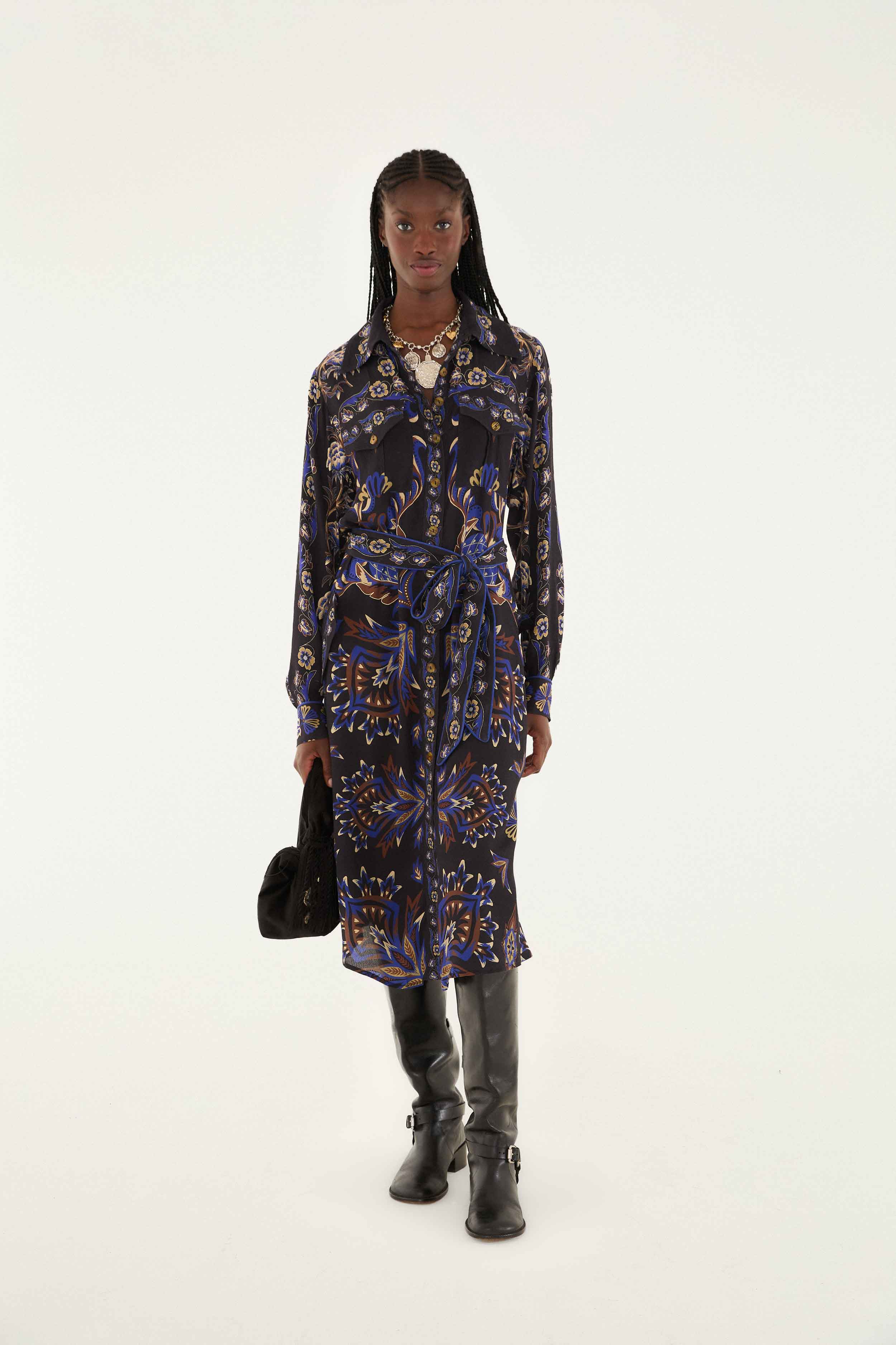 Farm Rio Arabesque Mix Scarves Midi Shirt Dress