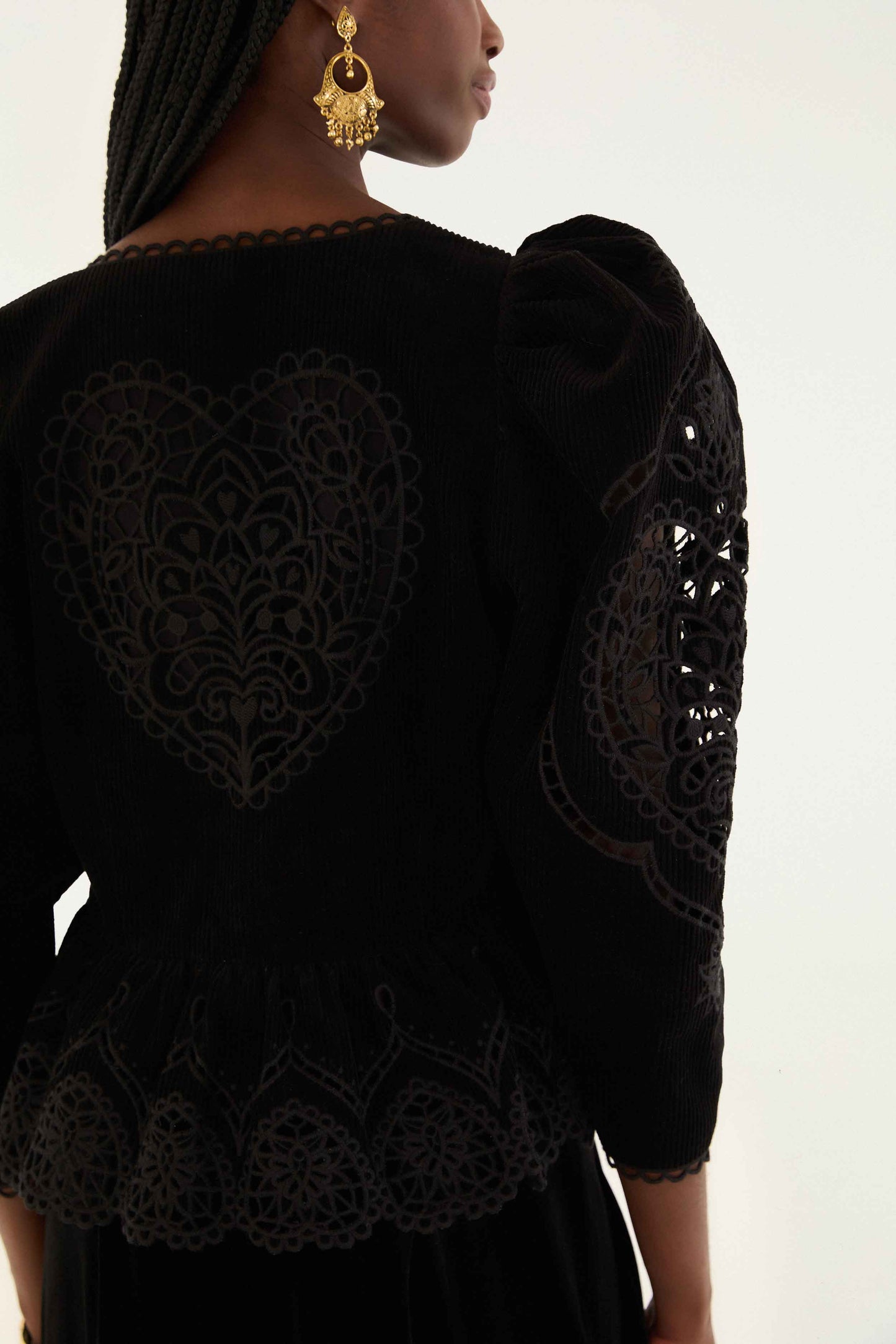 FARM Rio model wearing the Black Artichoke Heart Richelieu Blouse