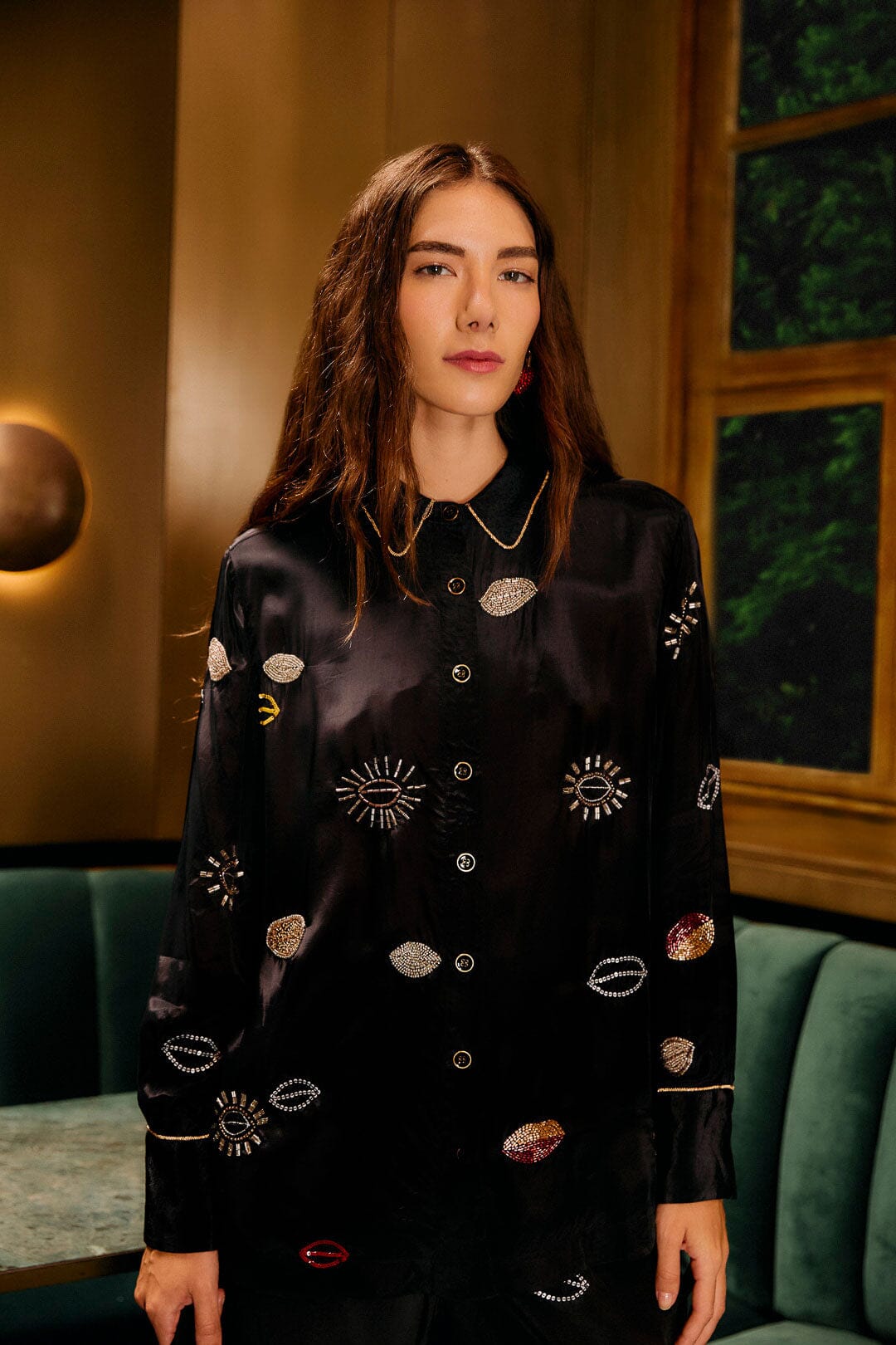 Black Beaded Kisses Buttoned Pajama Shirt | FARM Rio