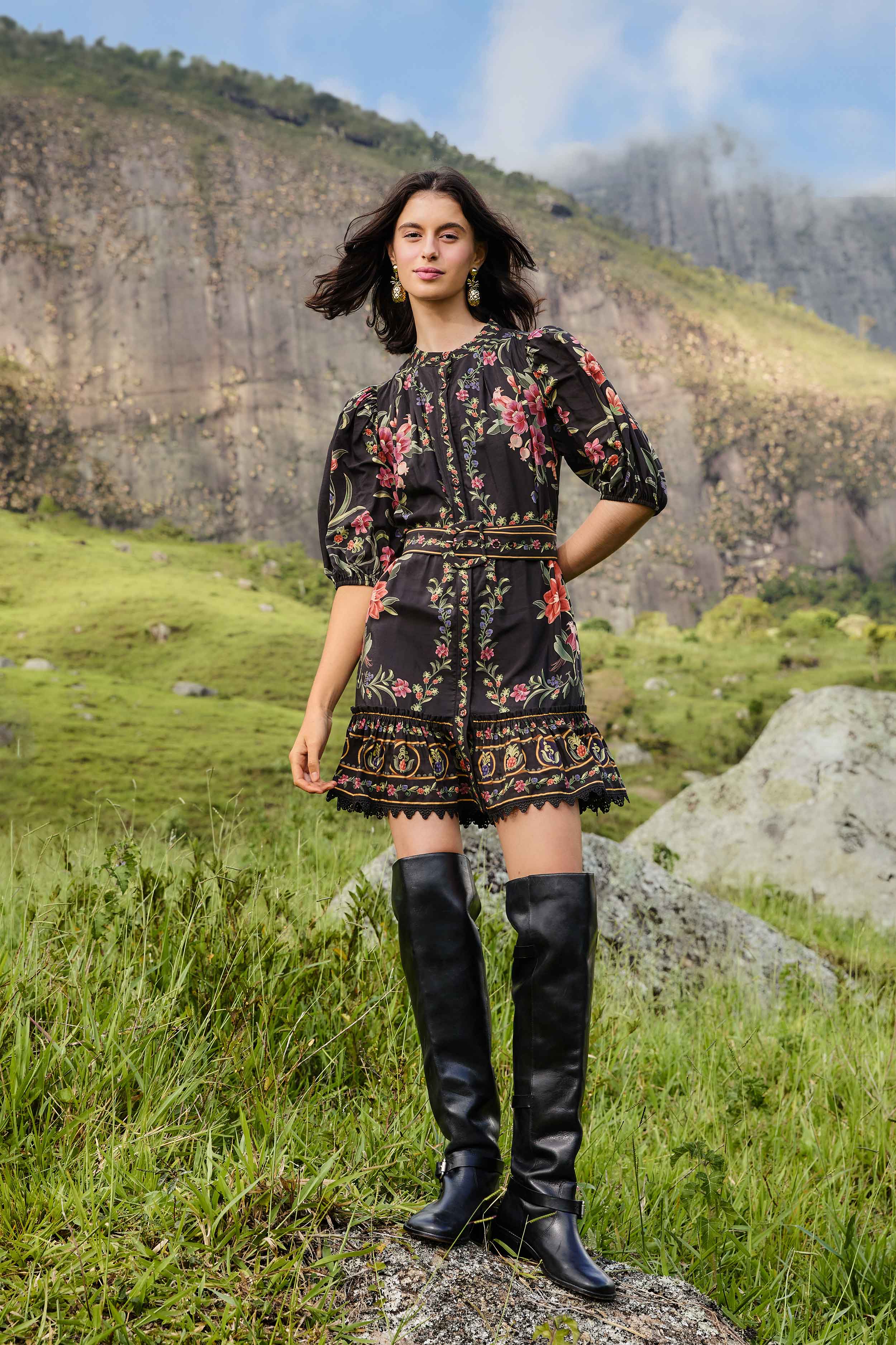 Black Belle Garden Lace Belted Mini Dress | FARM Rio