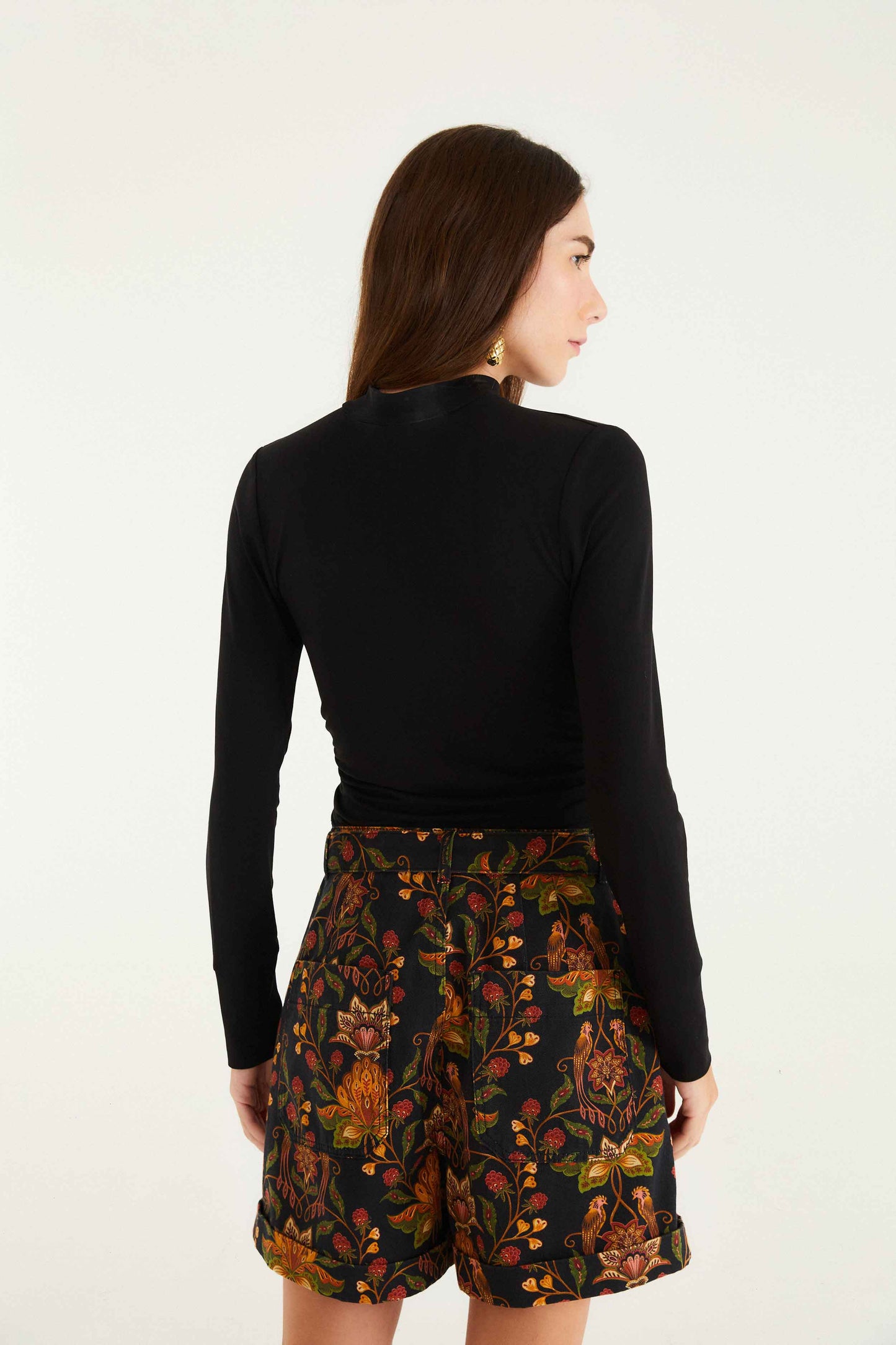 FARM Rio model wearing the Black Berry Garden Shorts