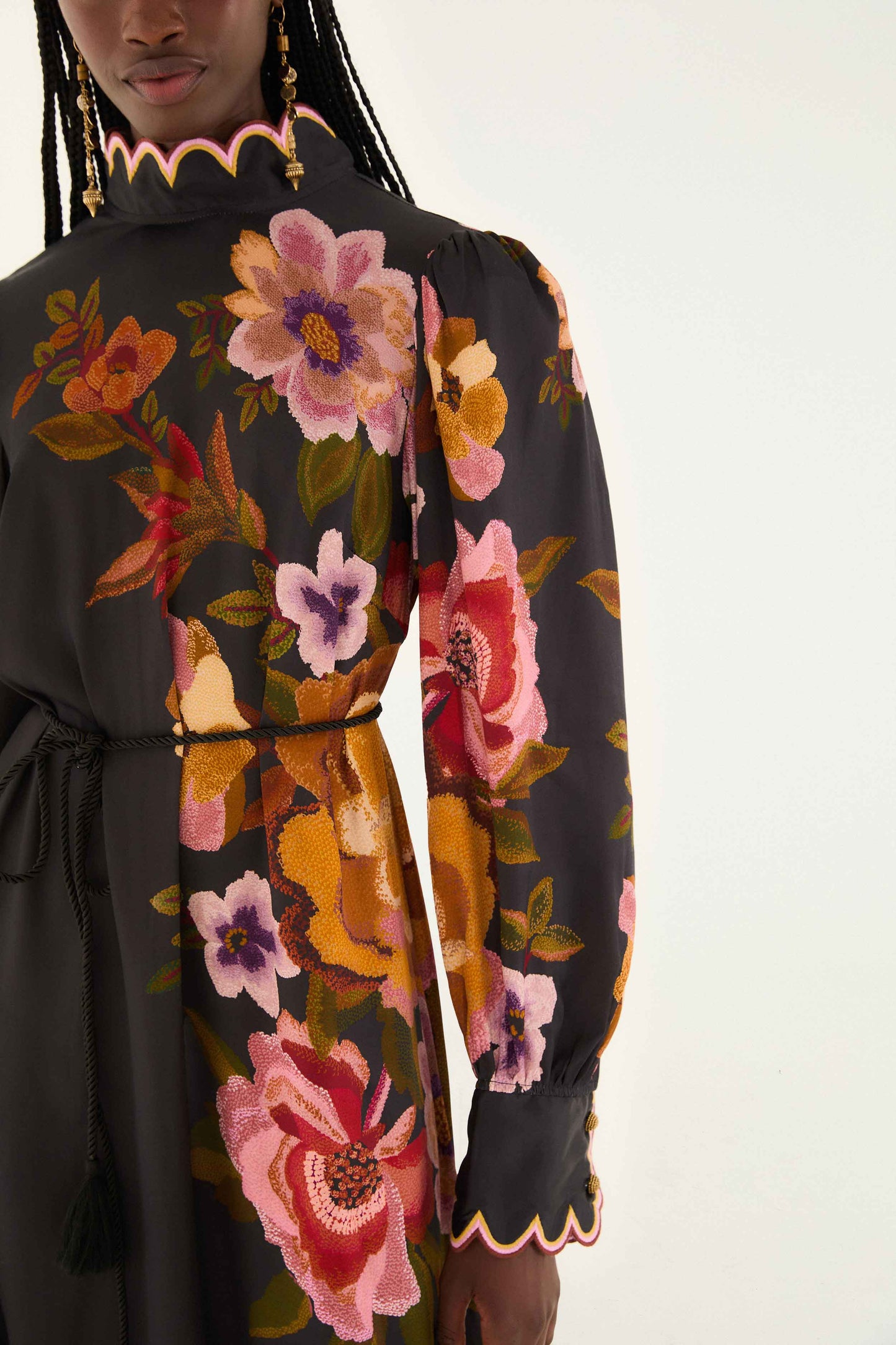 FARM Rio model wearing the Black Chenille Flowers Lenzing� Ecovero� Viscose Midi Dress