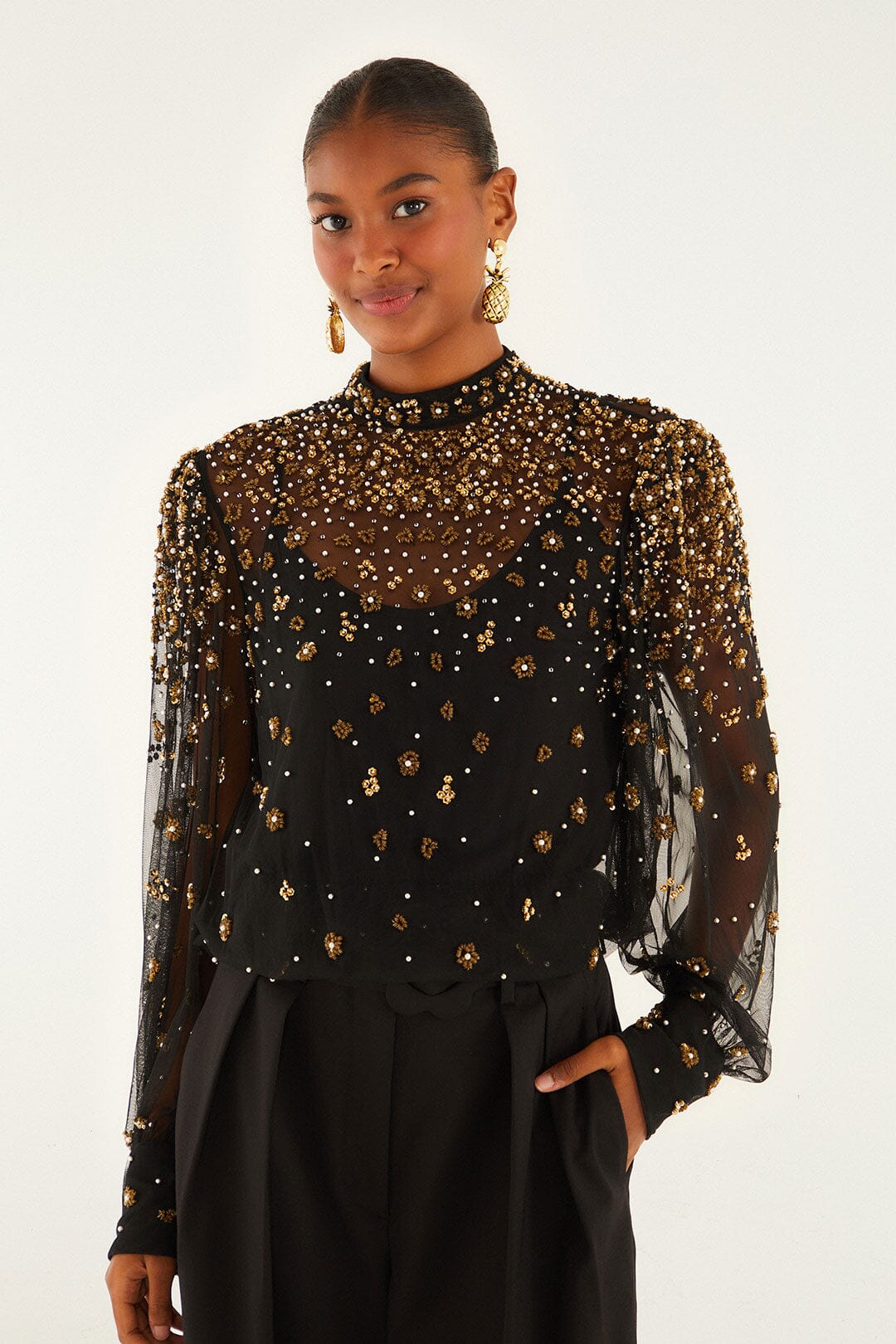 Black Embroidered Tulle Lined Blouse | FARM Rio