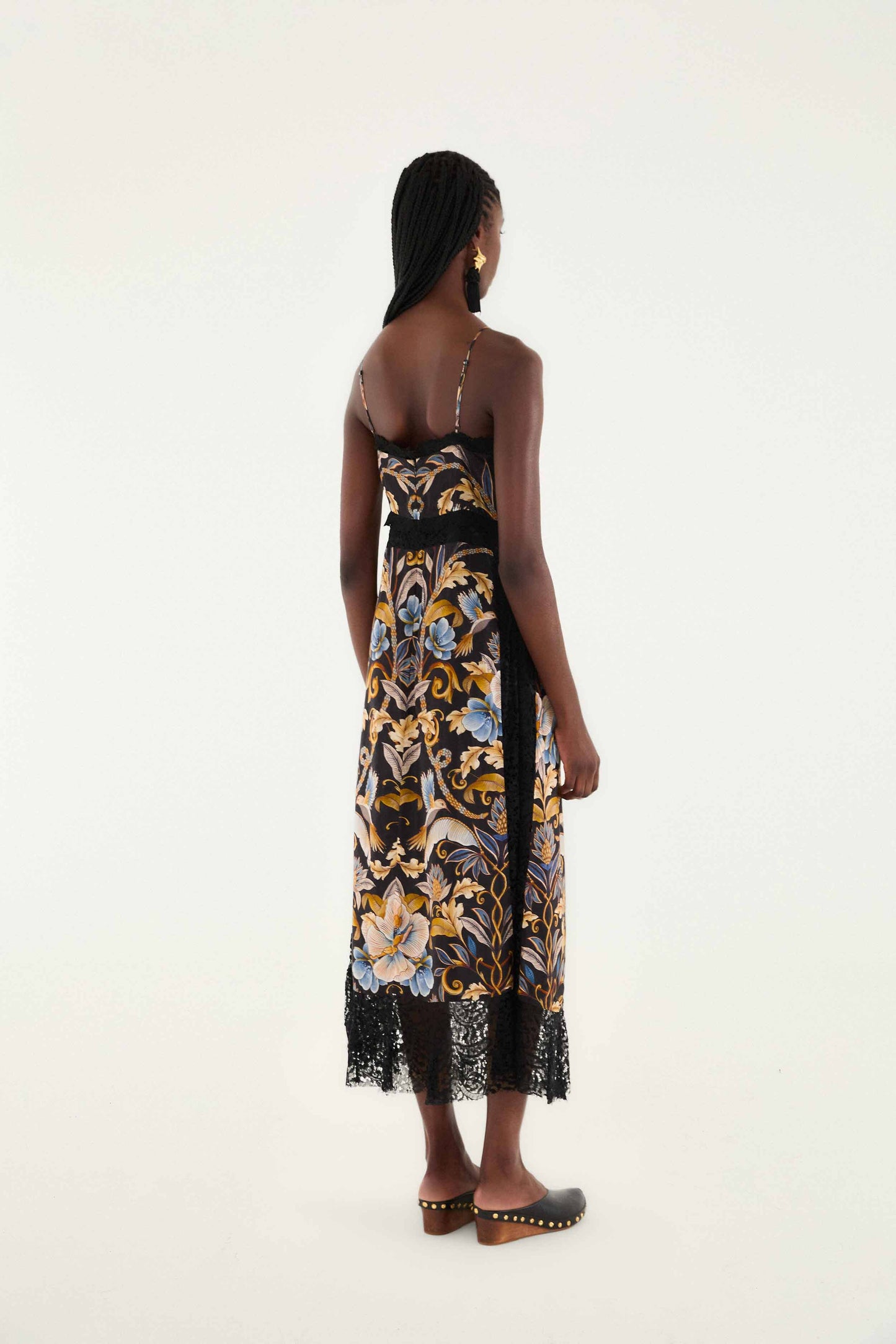 FARM Rio model wearing the Black Flowerful Garden Midi Dress