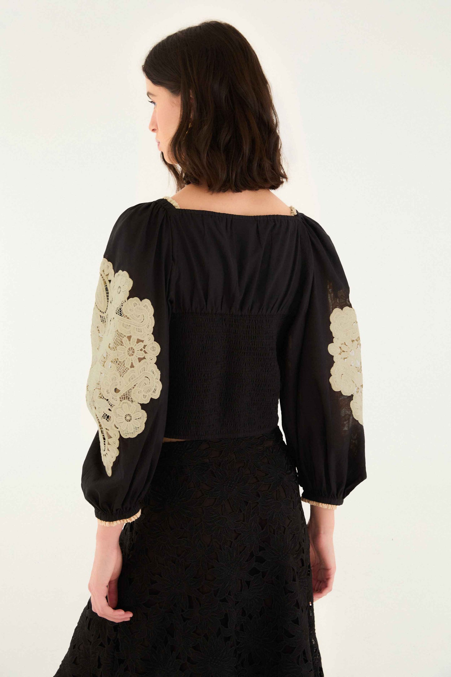 FARM Rio model wearing the Black Lace Blouse