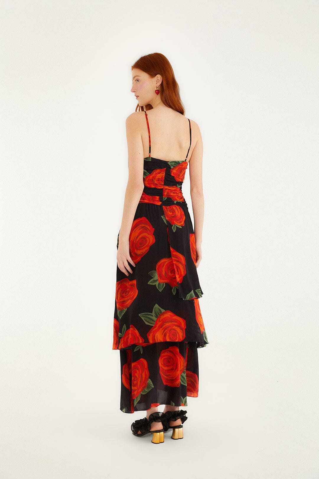 FARM Rio model wearing the Black Latin Roses 3d Flower Layered Maxi Dress