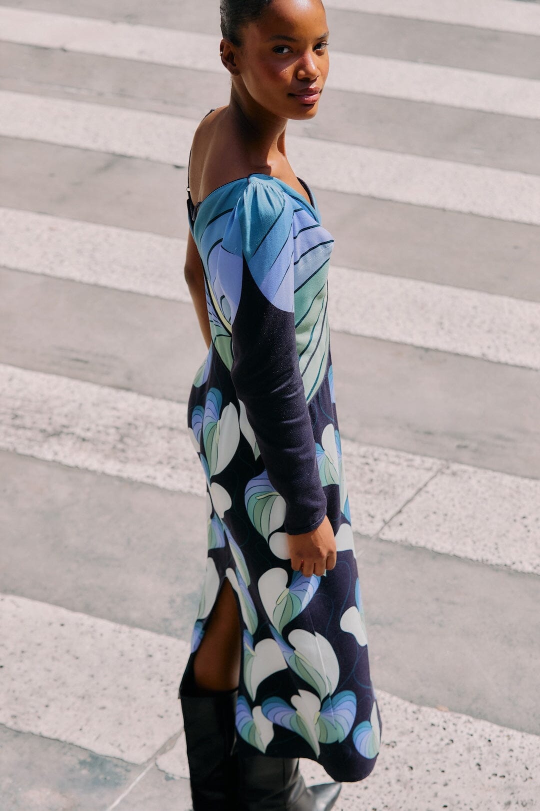 FARM Rio model wearing the Black Lovely Anthurium One-Shoulder Maxi Dress