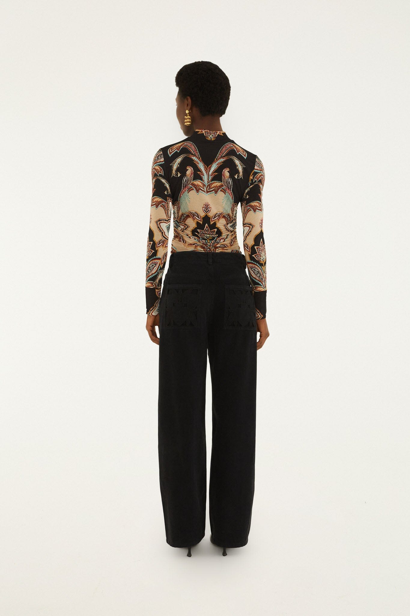 FARM Rio model wearing the Black Richelieu Denim Trousers