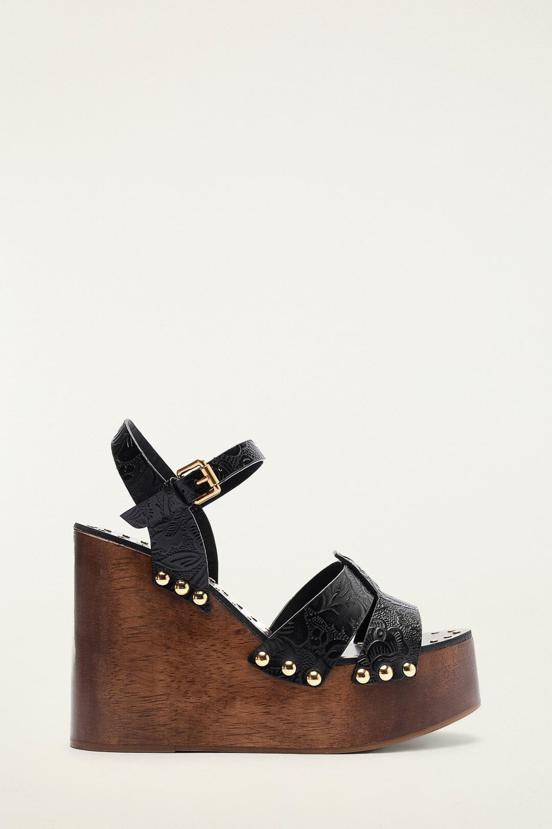Black Studded Embossed Wedge Sandal | FARM Rio