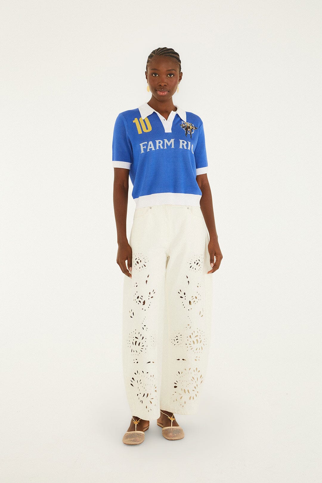 FARM Rio model wearing the Blue And White Copa Short Sleeve Knit Polo Shirt