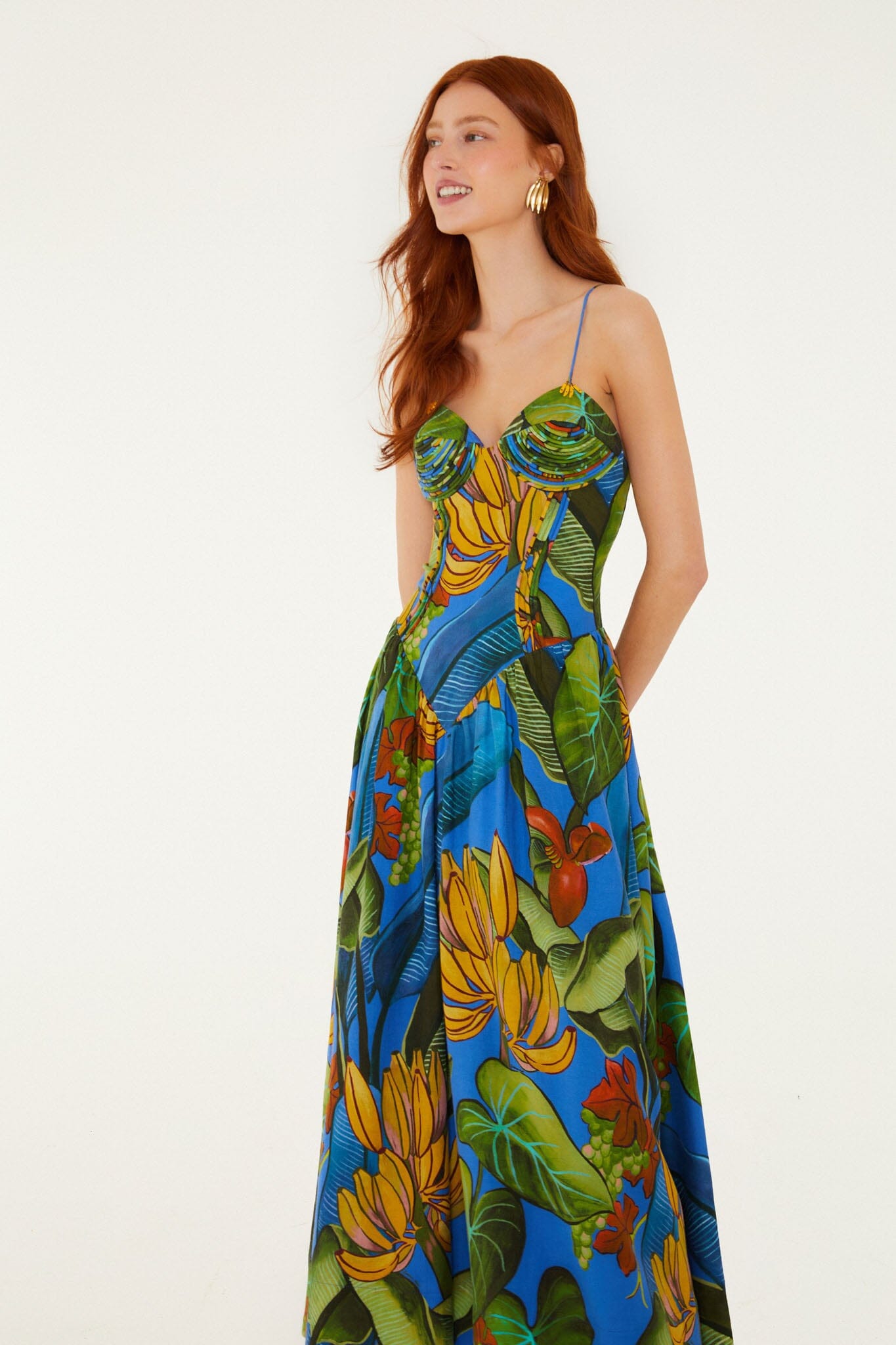 FARM Rio model wearing the Blue Banana Grapes 3d Bodice Sleeveless Maxi Dress