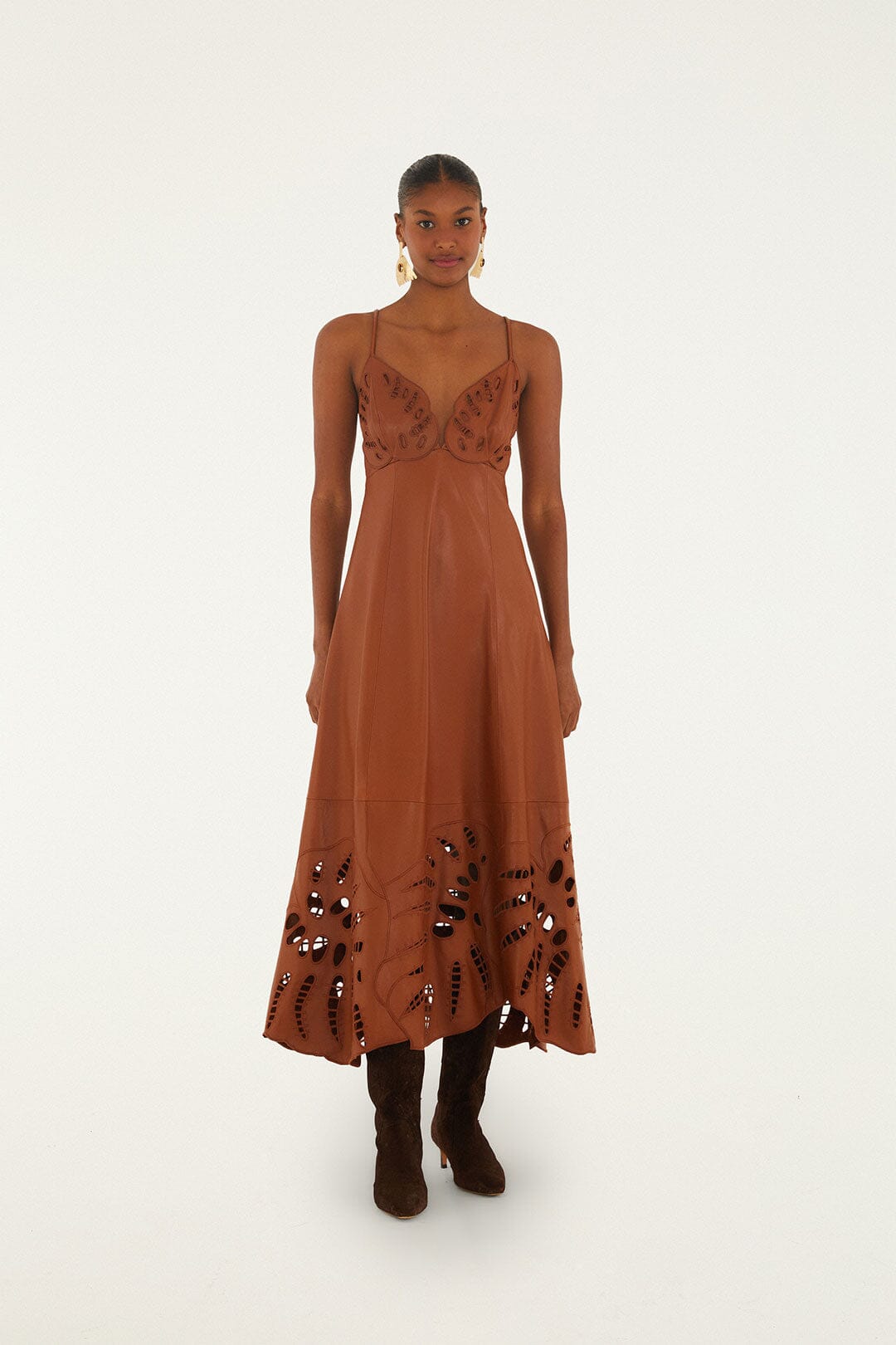 brown leather dress midi Brown Faux Leather Strapless Bodycon Midi Dress