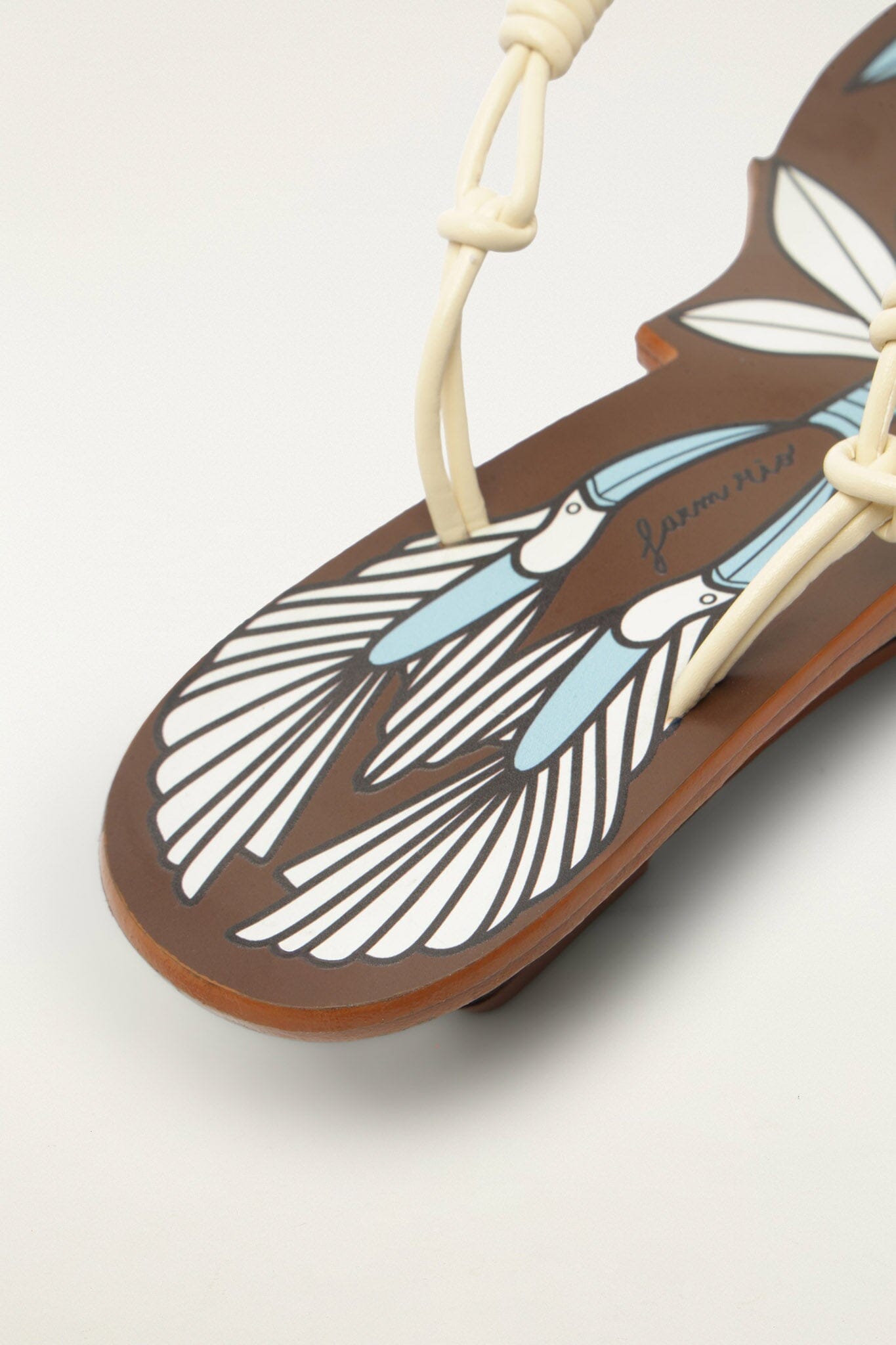 FARM Rio model wearing the Brown Palm Tree Cutwork Wedge Sandal