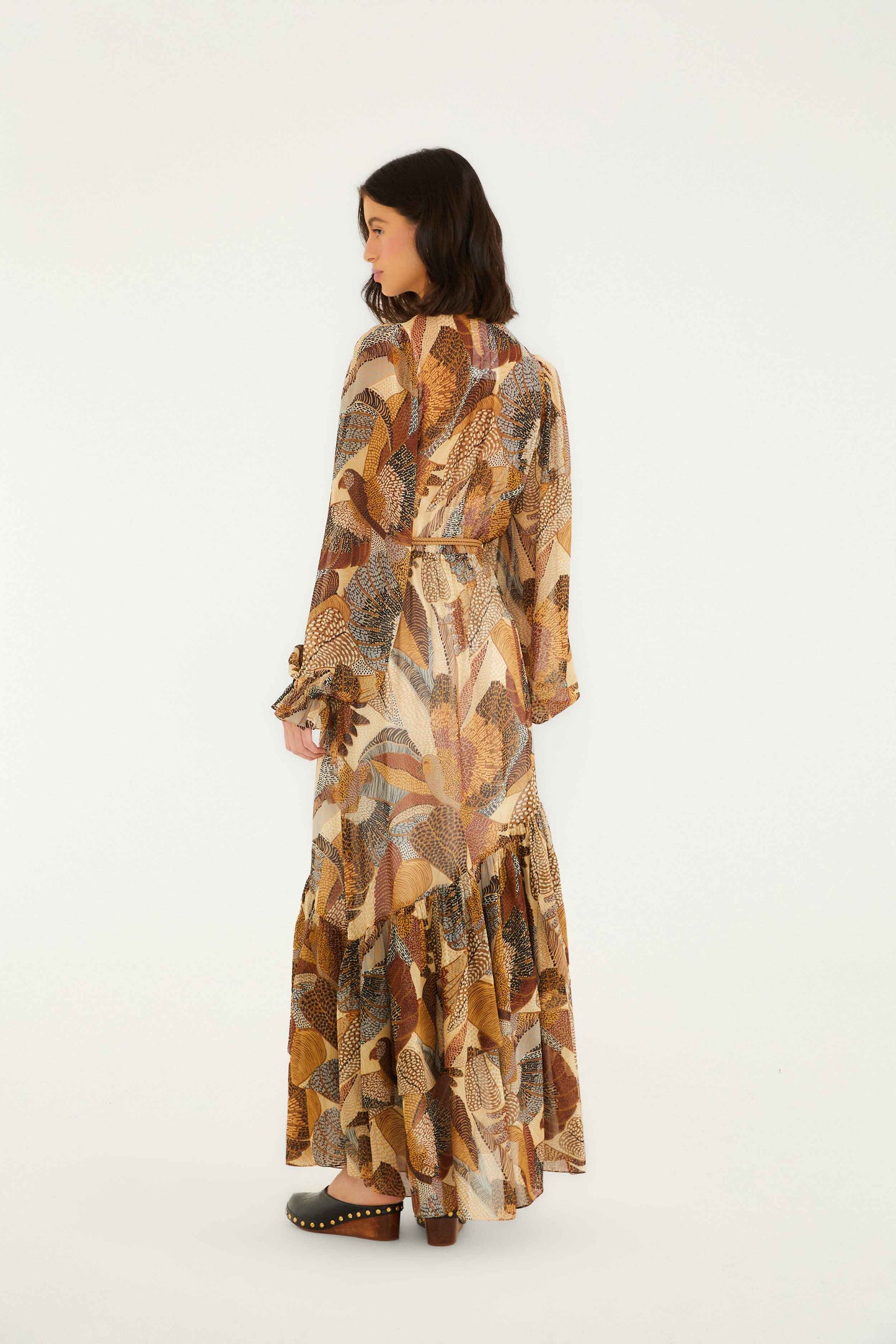 FARM Rio model wearing the Cream Dotted Macaws Long Sleeve Maxi Dress