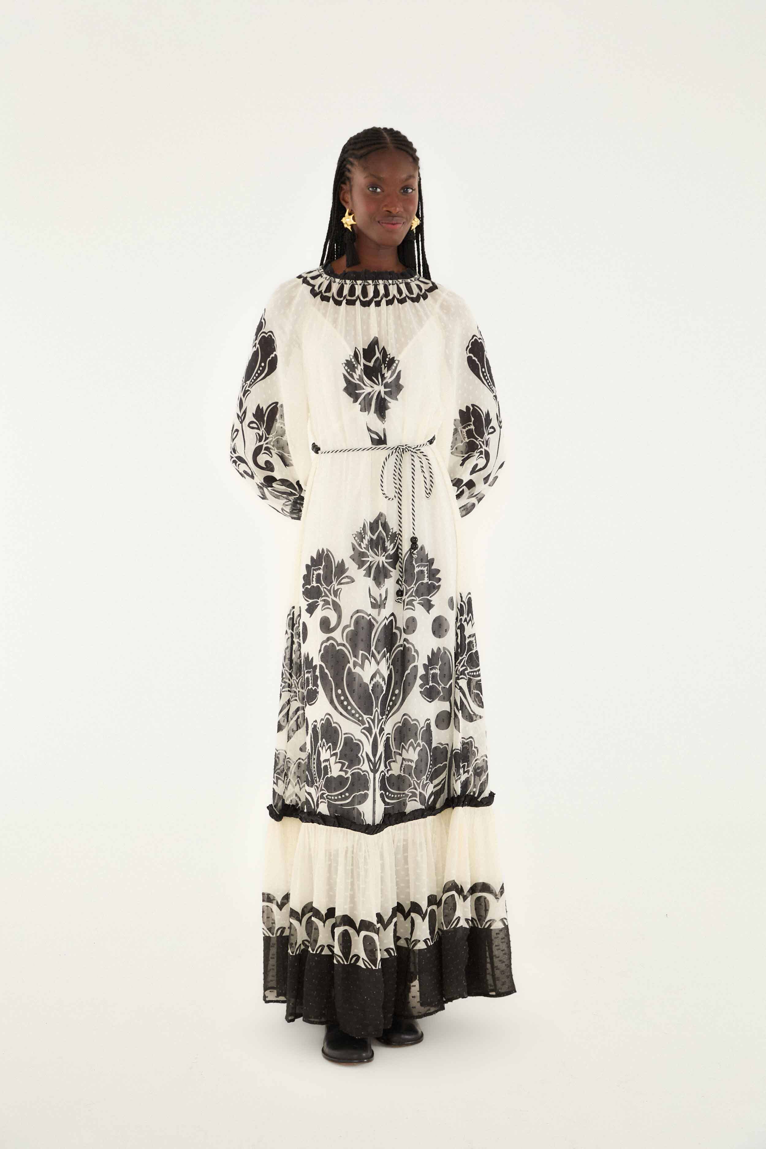 sachin and babi light blue dress Farm Rio Viscose Dress with Floral Arabesque Motif