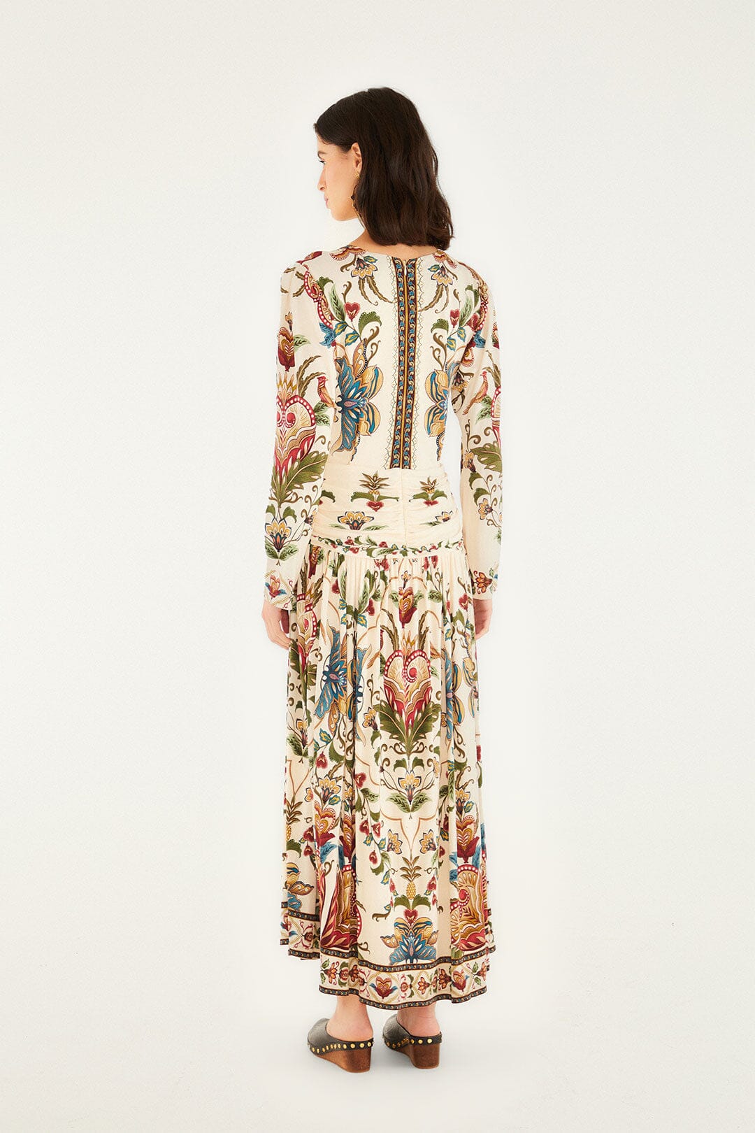 FARM Rio model wearing the Cream Majestic Hearts Long Sleeve Midi Dress