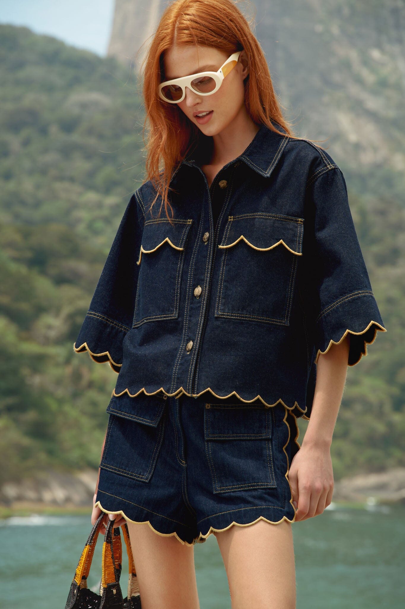 Dark Denim Wavy Hem Short Sleeve Shirt | FARM Rio