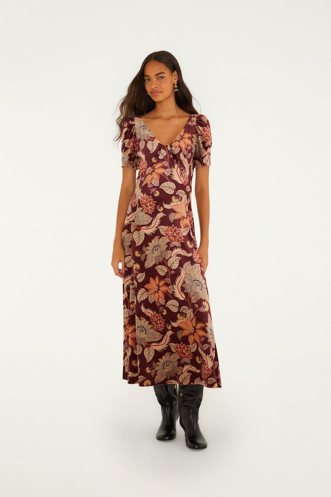 brown velvet floral dress Delhi Short Sleeve Maxi Flocked with a burnout