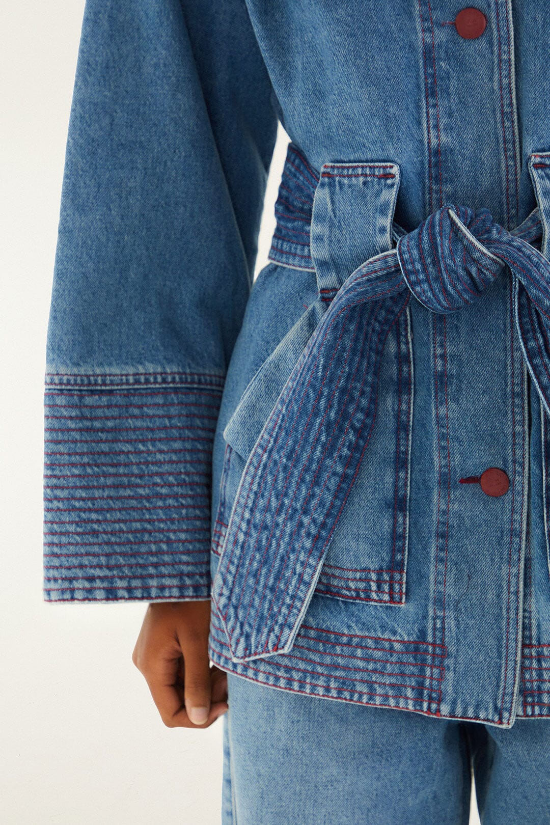 FARM Rio model wearing the Denim Collared Belted Trench Coat