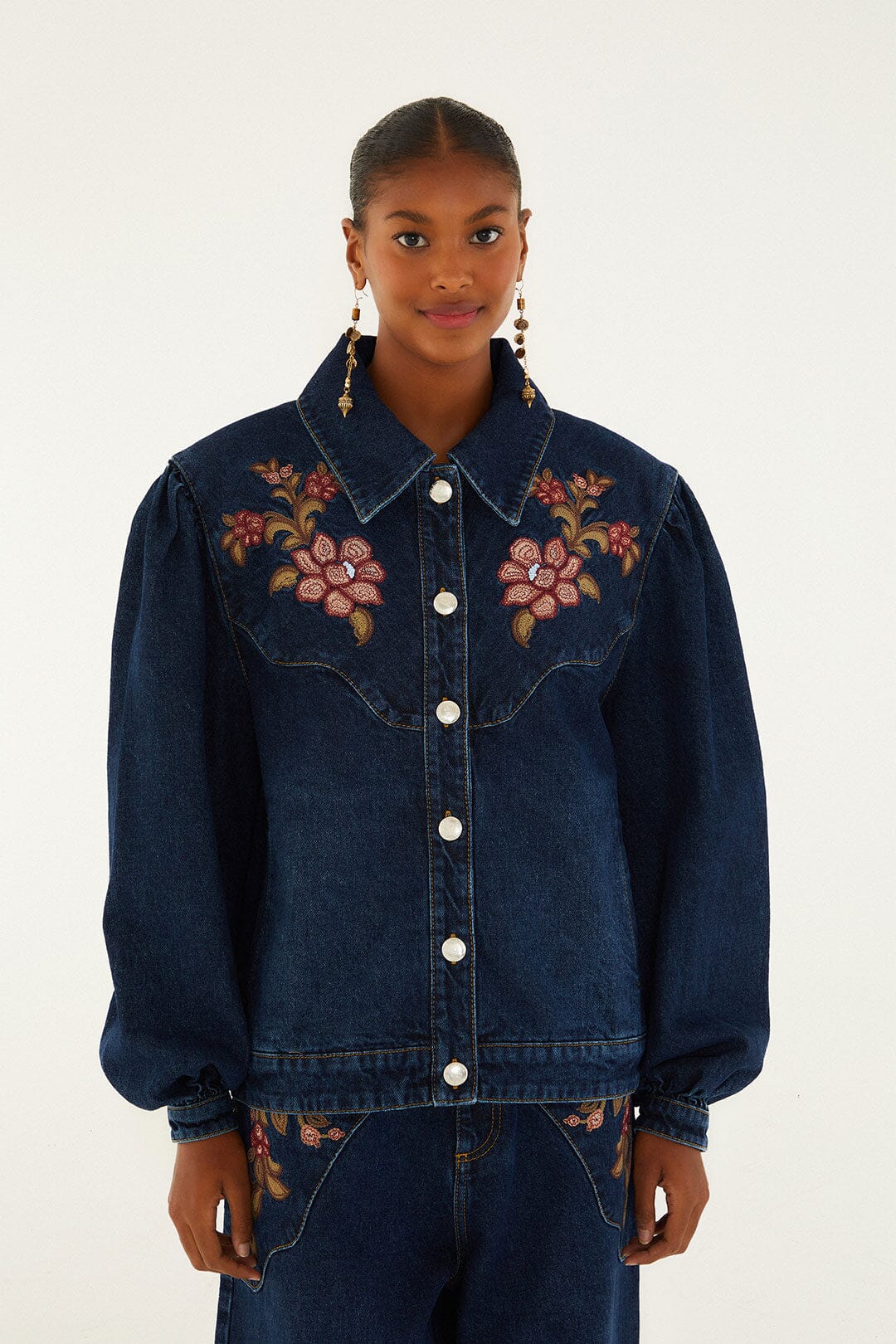 Farm Rio Denim Flower Embroidery Jacket, Renata Floral / XXS Farm Rio Denim Flower Embroidery Jacket, Renata Floral / XXS