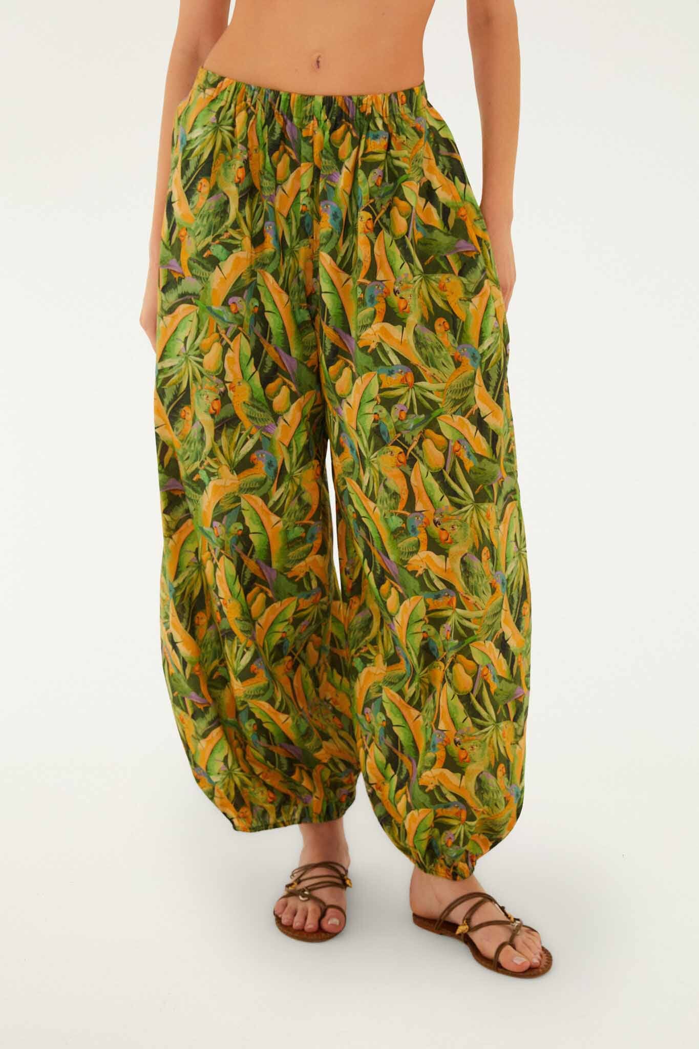 FARM Rio model wearing the Forest Green Parrots Balloon Pants