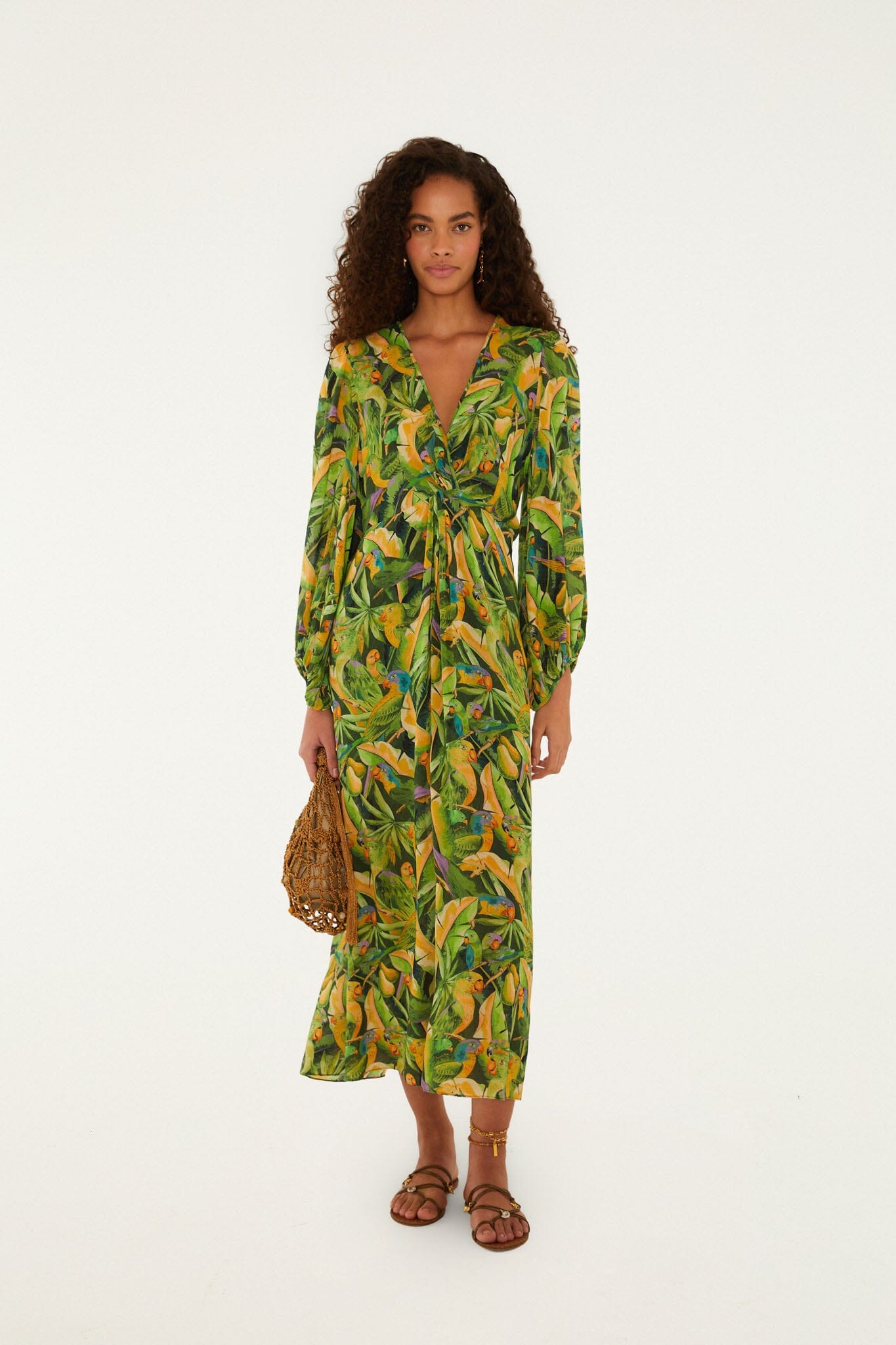 Forest Green Parrots Long Sleeve Dress