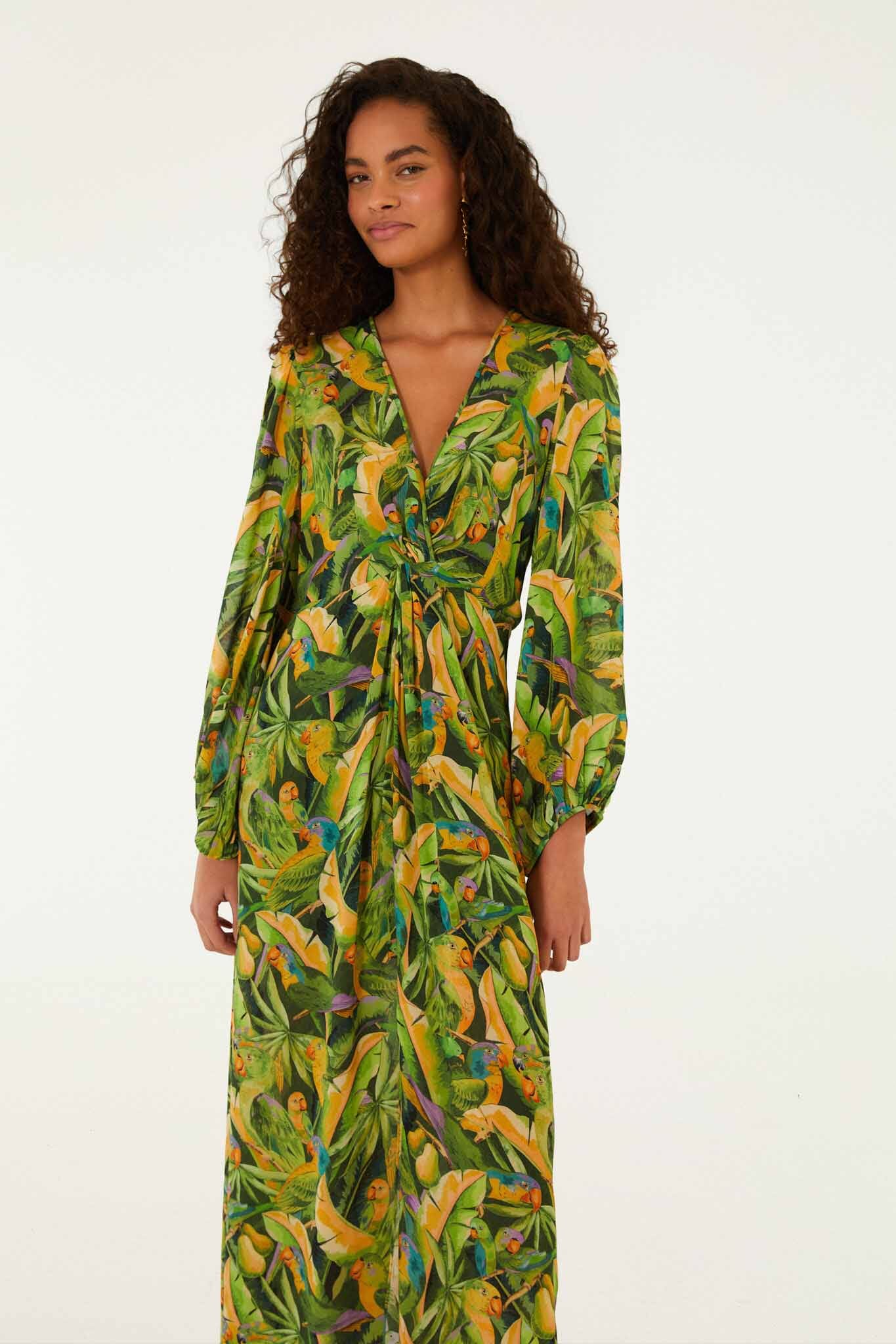 FARM Rio model wearing the Forest Green Parrots Long Sleeve Dress