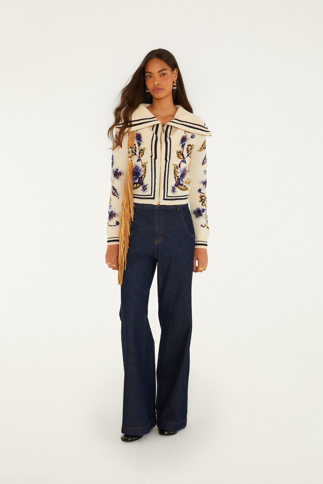 FARM Rio model wearing the Golden Nature Full Zipper Knit Cardigan