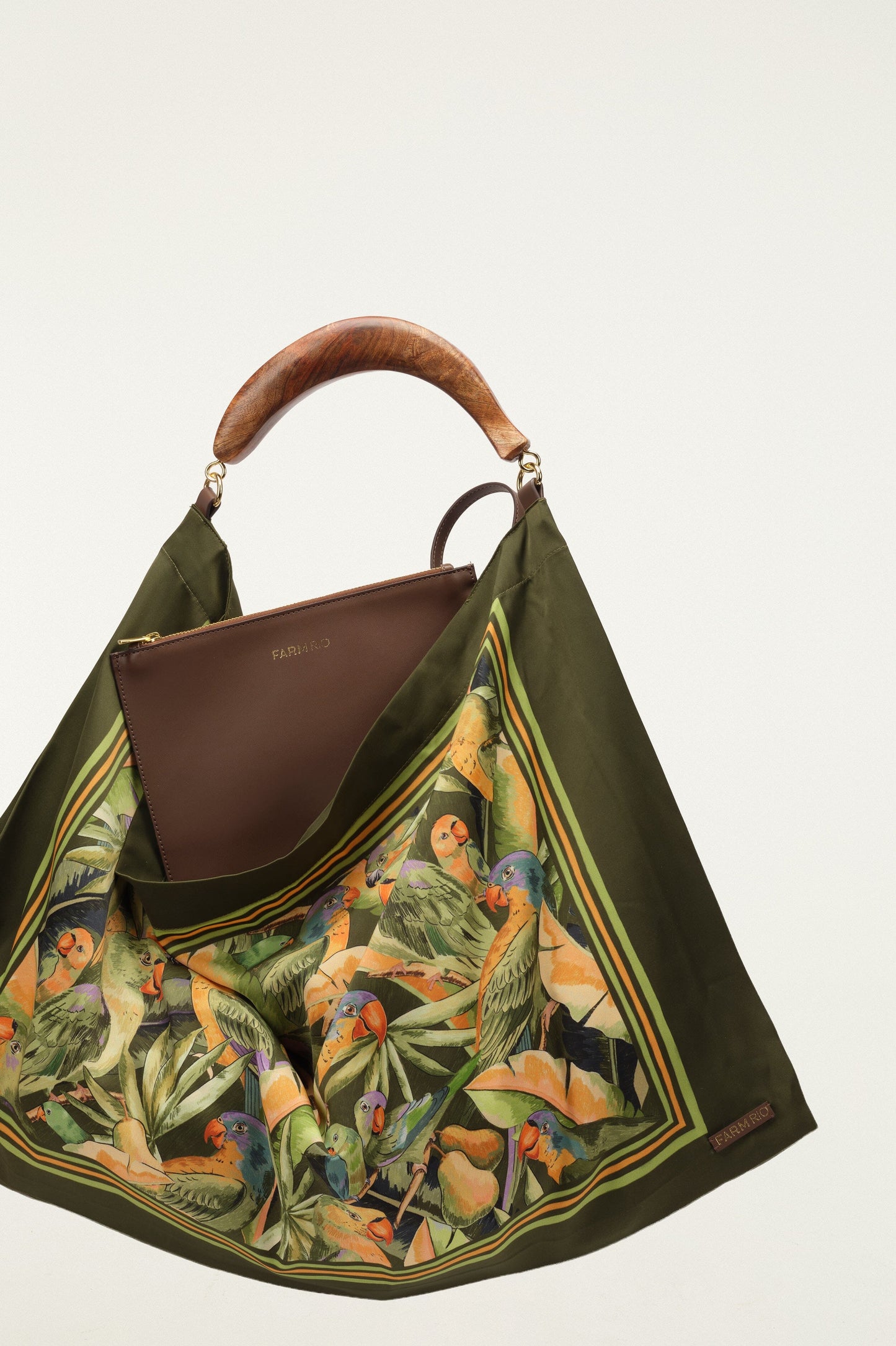 FARM Rio model wearing the Green Nature Satin Medium Scarf Bag