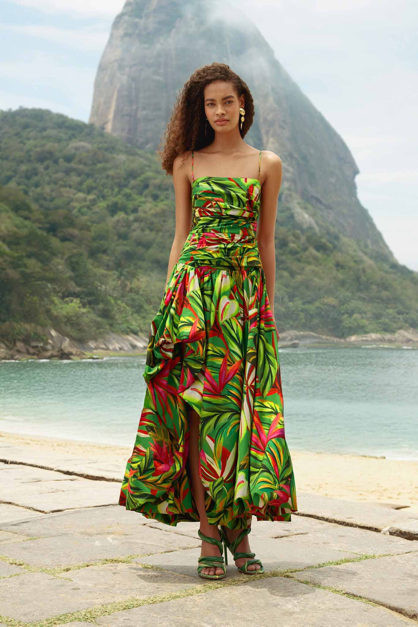 Green Tropical Dream Draped Organic Cotton Maxi Dress