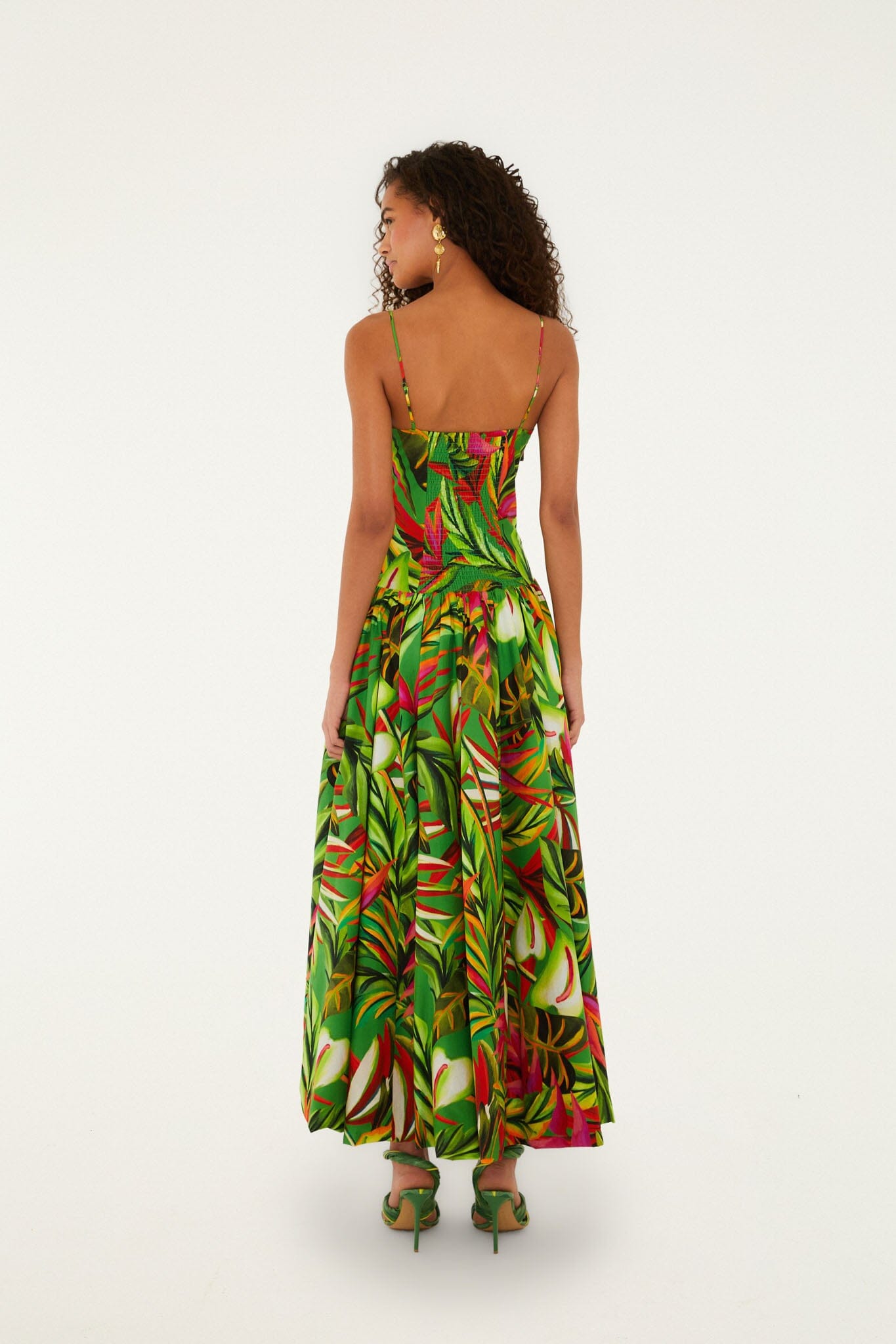 FARM Rio model wearing the Green Tropical Dream Draped Organic Cotton Maxi Dress