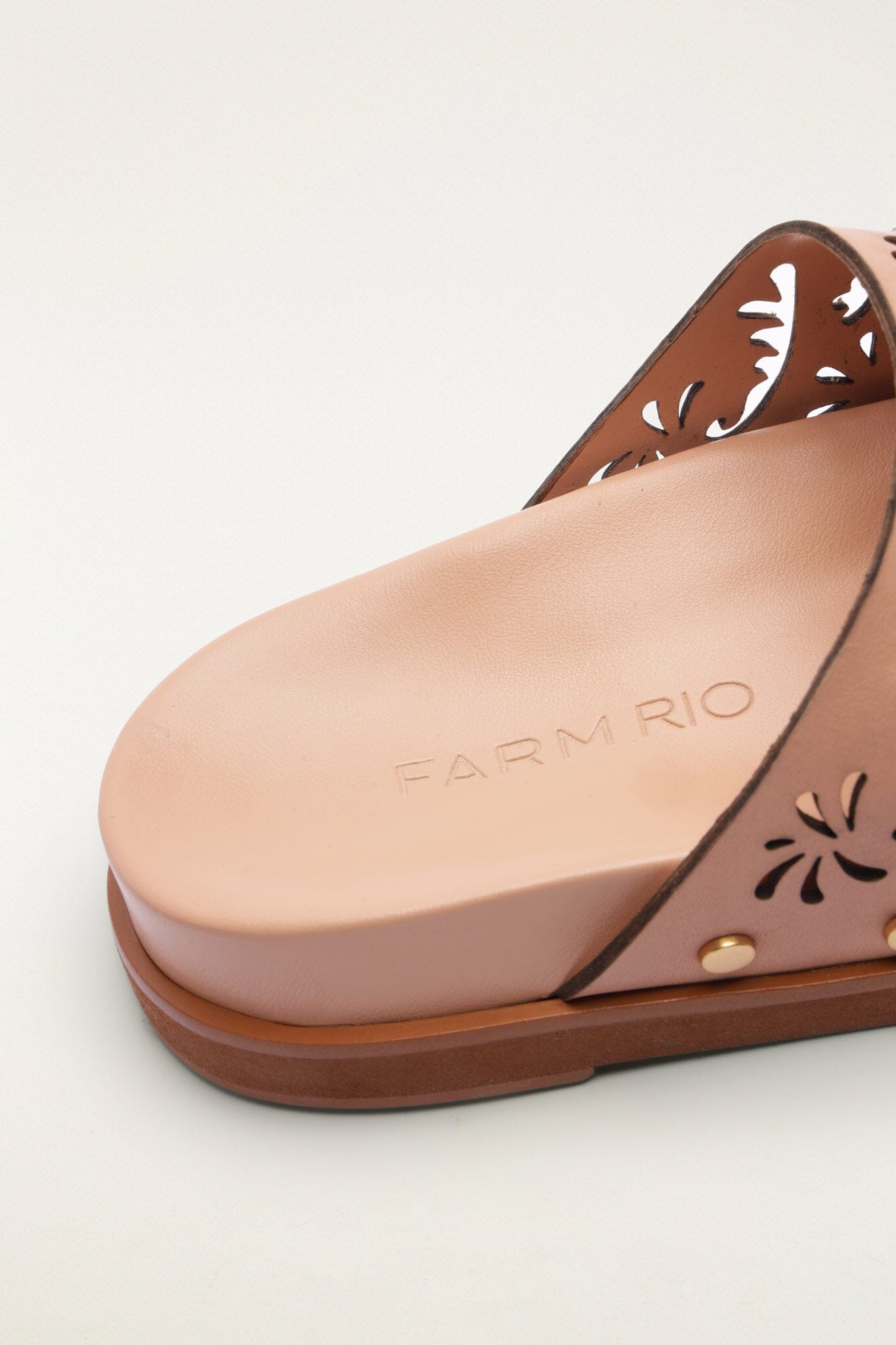 FARM Rio model wearing the Light Pink Lace Leather Anatomic Slide Mule